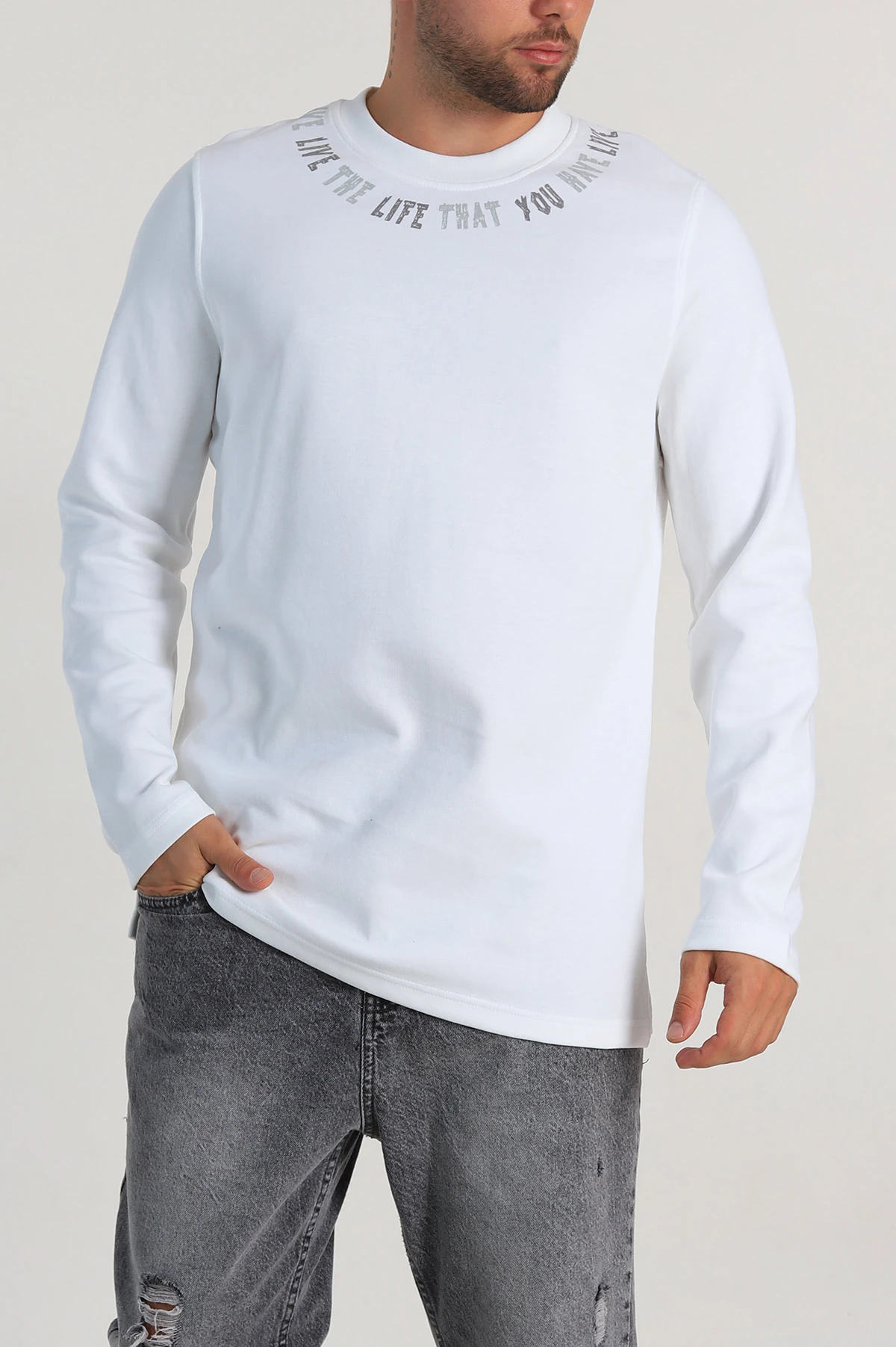 Beyaz Regular Fit Baskı Detaylı Erkek Sweatshirt 305846