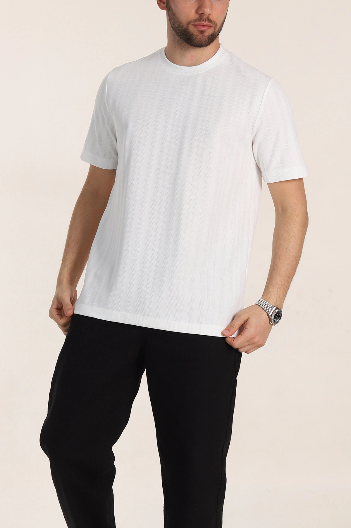 Beyaz Regular Fit Çizgi Dokulu Basic Erkek Tişört 348084
