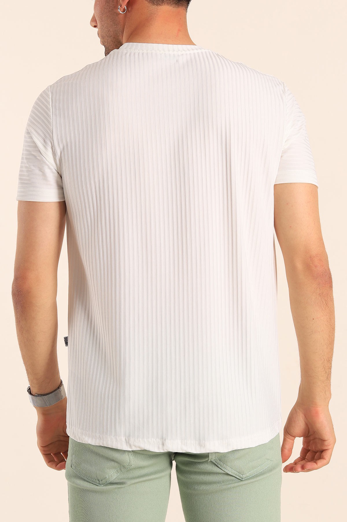 Beyaz Regular Fit Çizgi Dokulu Erkek Tişört 182315