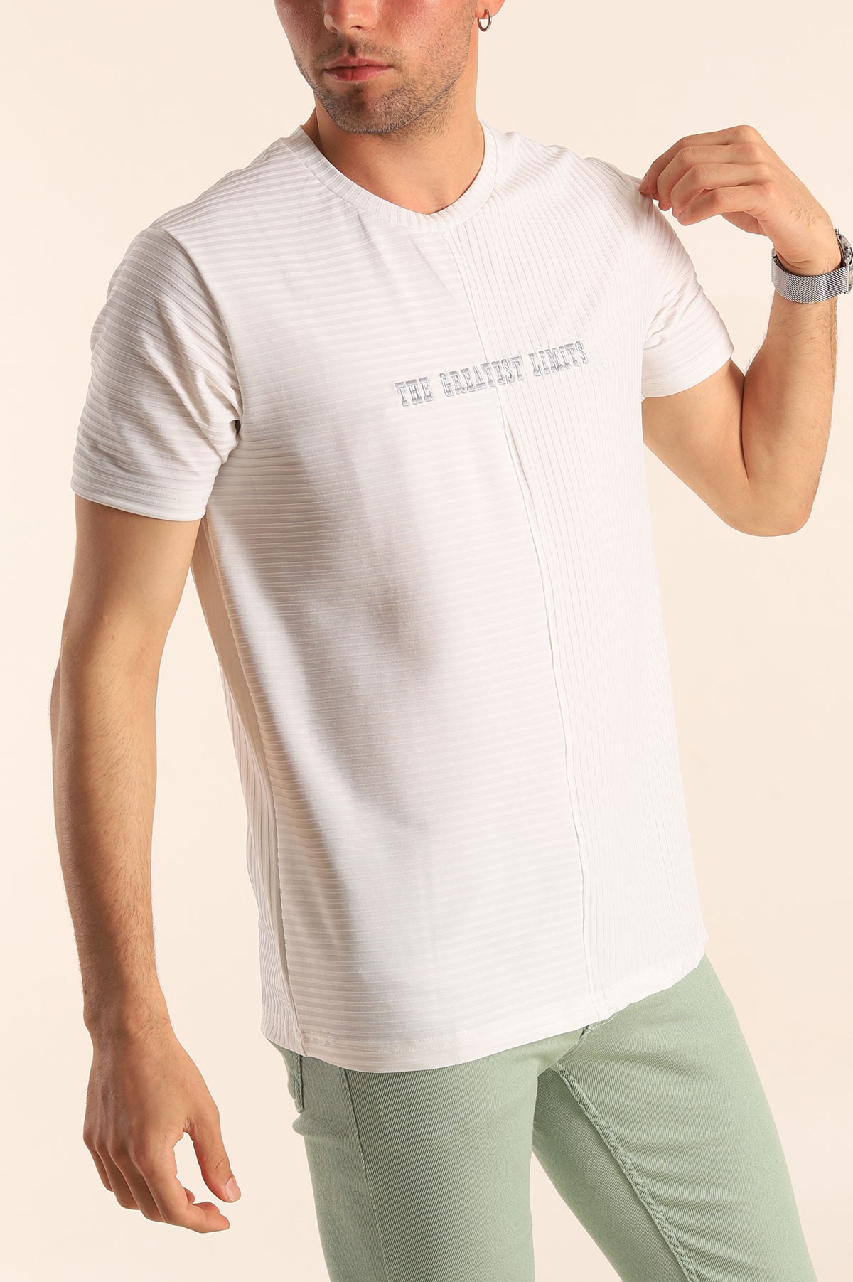 Beyaz Regular Fit Çizgi Dokulu Erkek Tişört 182315