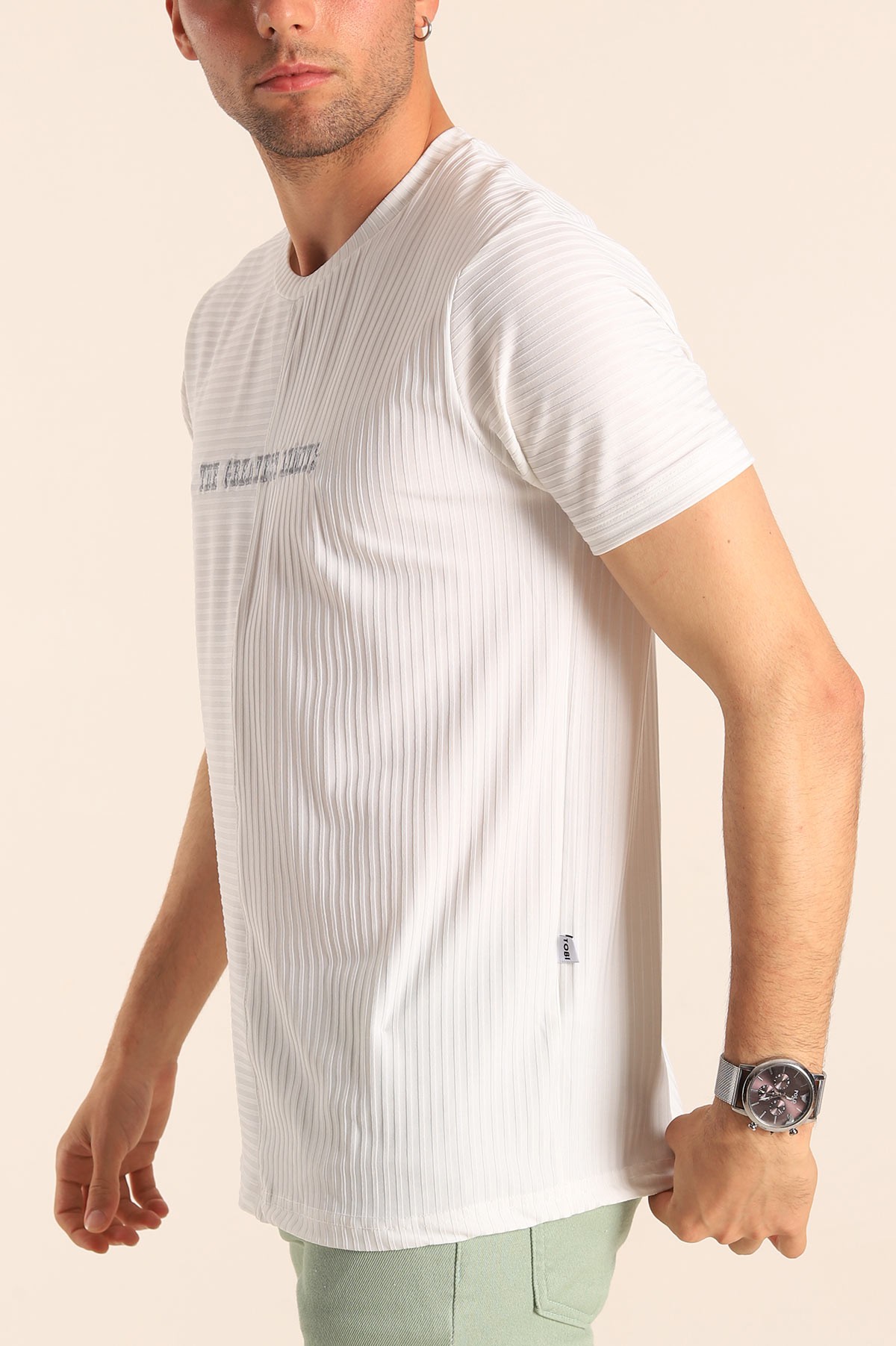 Beyaz Regular Fit Çizgi Dokulu Erkek Tişört 182315