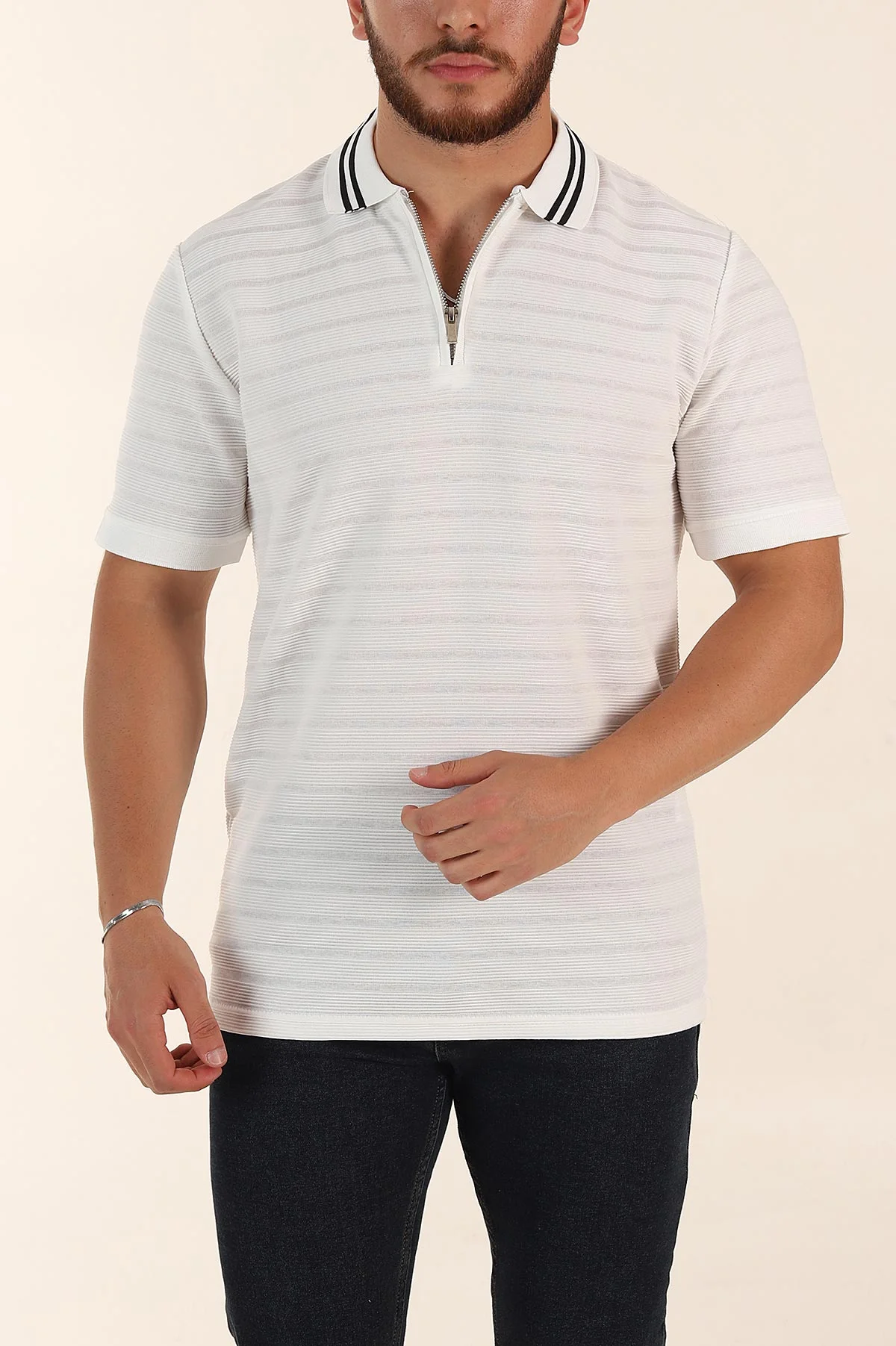 Beyaz Regular Fit Çizgi Dokulu Fermuarlı Polo Yaka Erkek Triko Tişört 370053