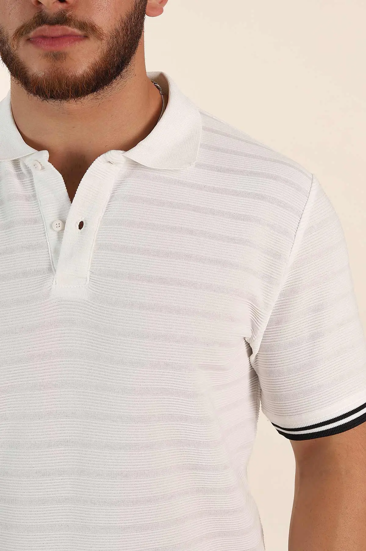 Beyaz Regular Fit Çizgi Dokulu Fermuarlı Polo Yaka Erkek Triko Tişört 370067