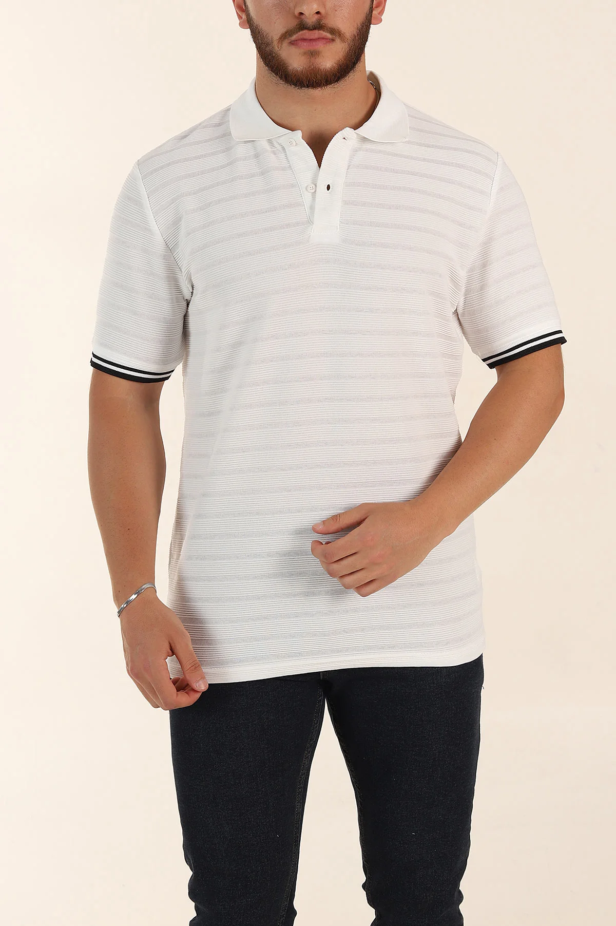 Beyaz Regular Fit Çizgi Dokulu Fermuarlı Polo Yaka Erkek Triko Tişört 370067