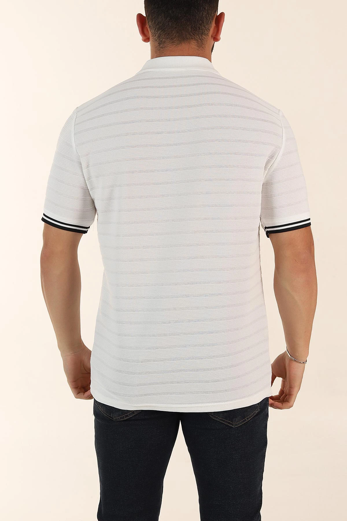Beyaz Regular Fit Çizgi Dokulu Fermuarlı Polo Yaka Erkek Triko Tişört 370067