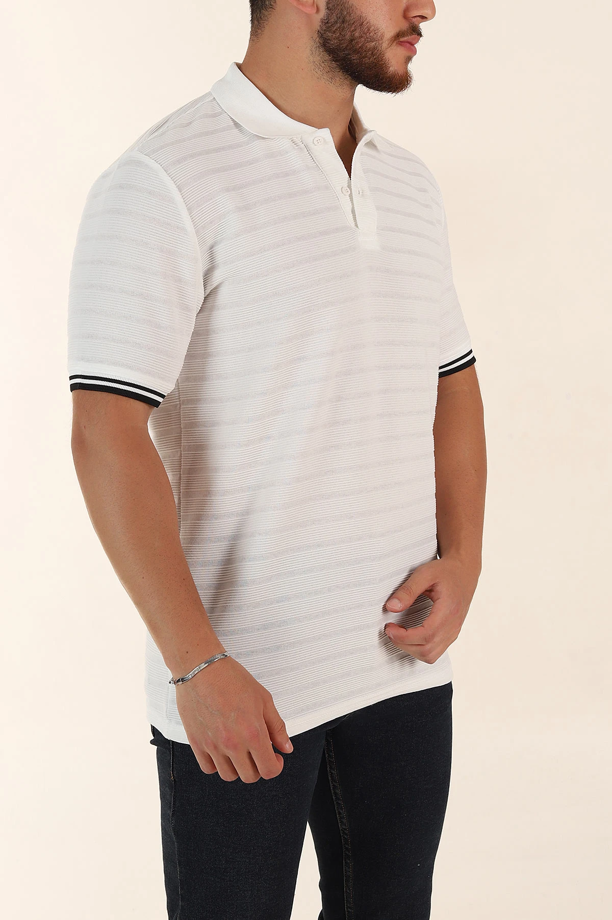 Beyaz Regular Fit Çizgi Dokulu Fermuarlı Polo Yaka Erkek Triko Tişört 370067