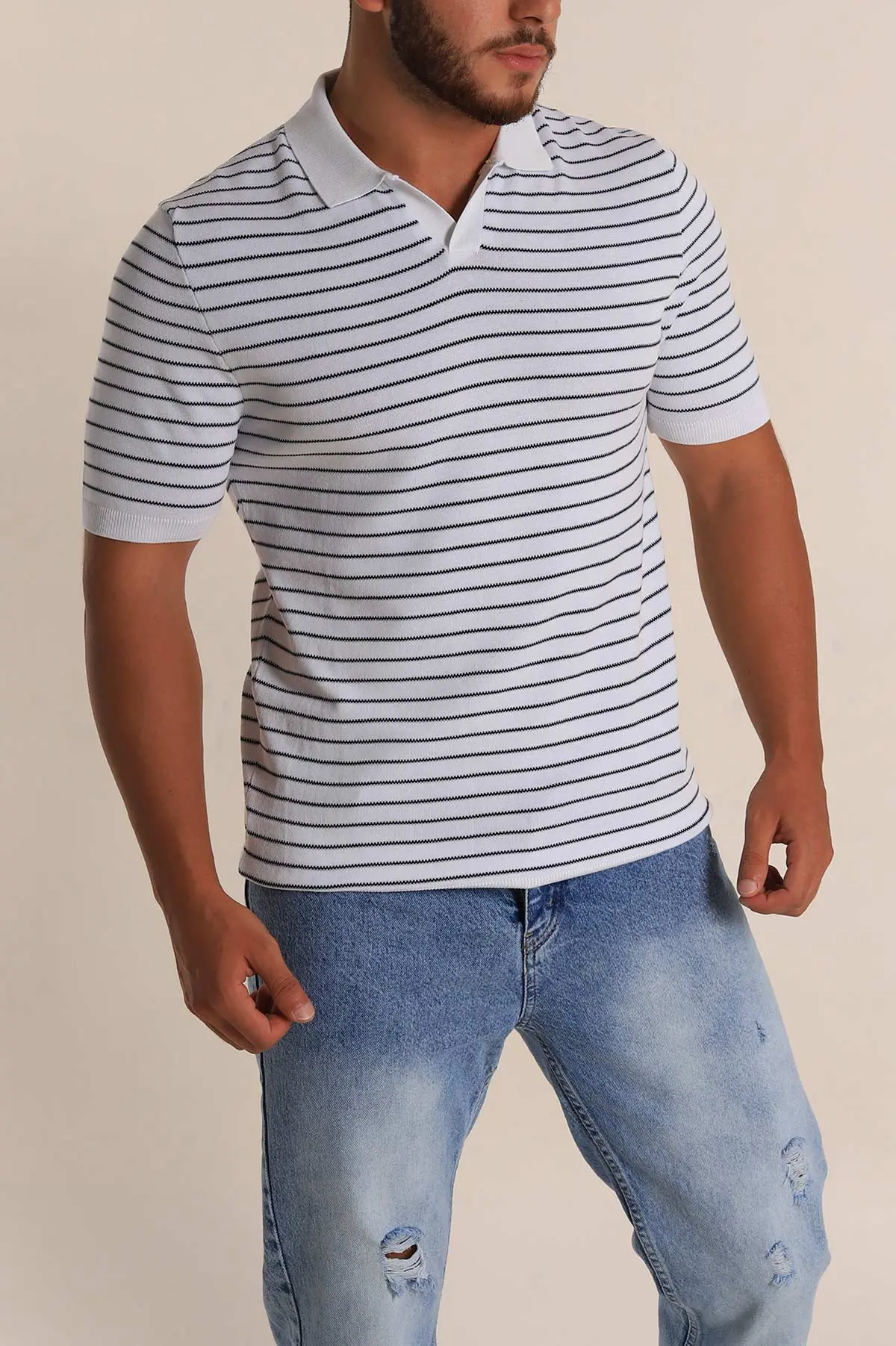 Beyaz Regular Fit Çizgili Apaş Yaka Triko Tişört 254690