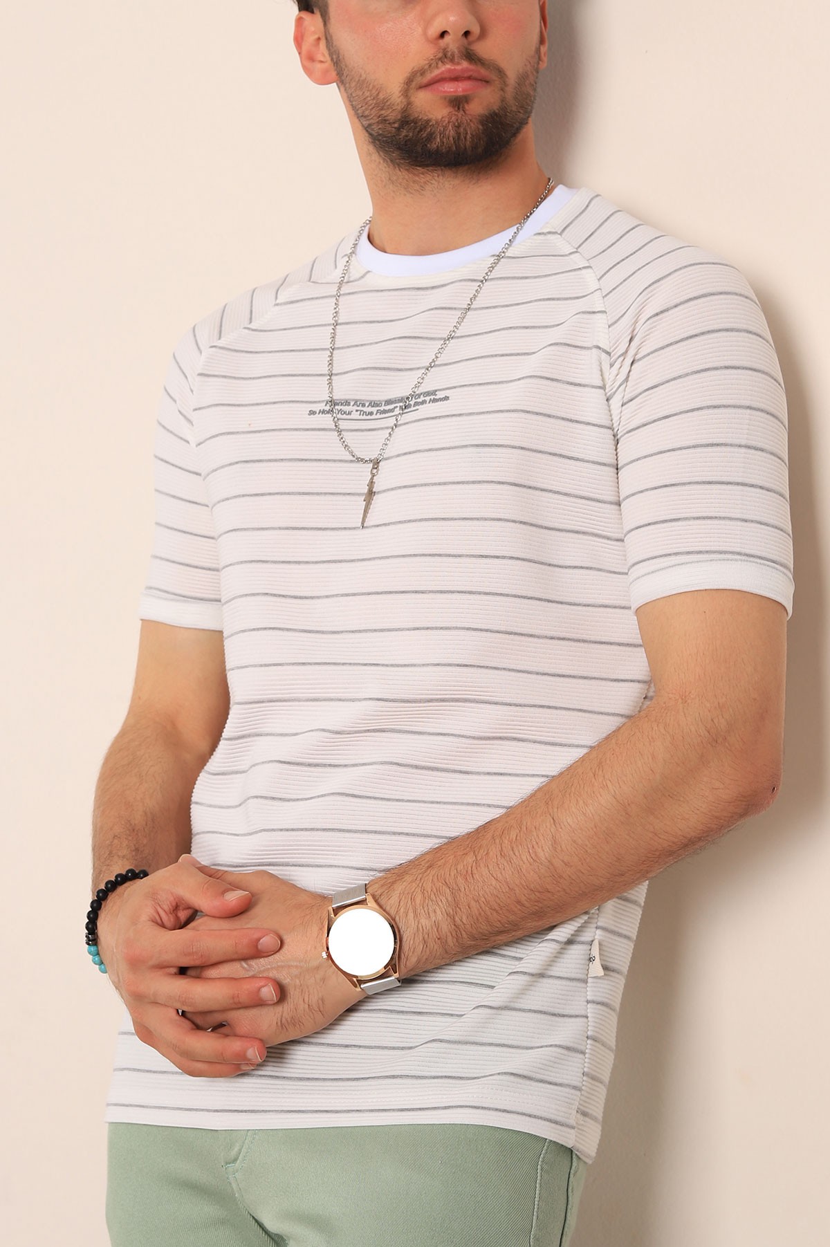 Beyaz Regular Fit Çizgili Kabartma Yazılı Erkek Tişört 187541