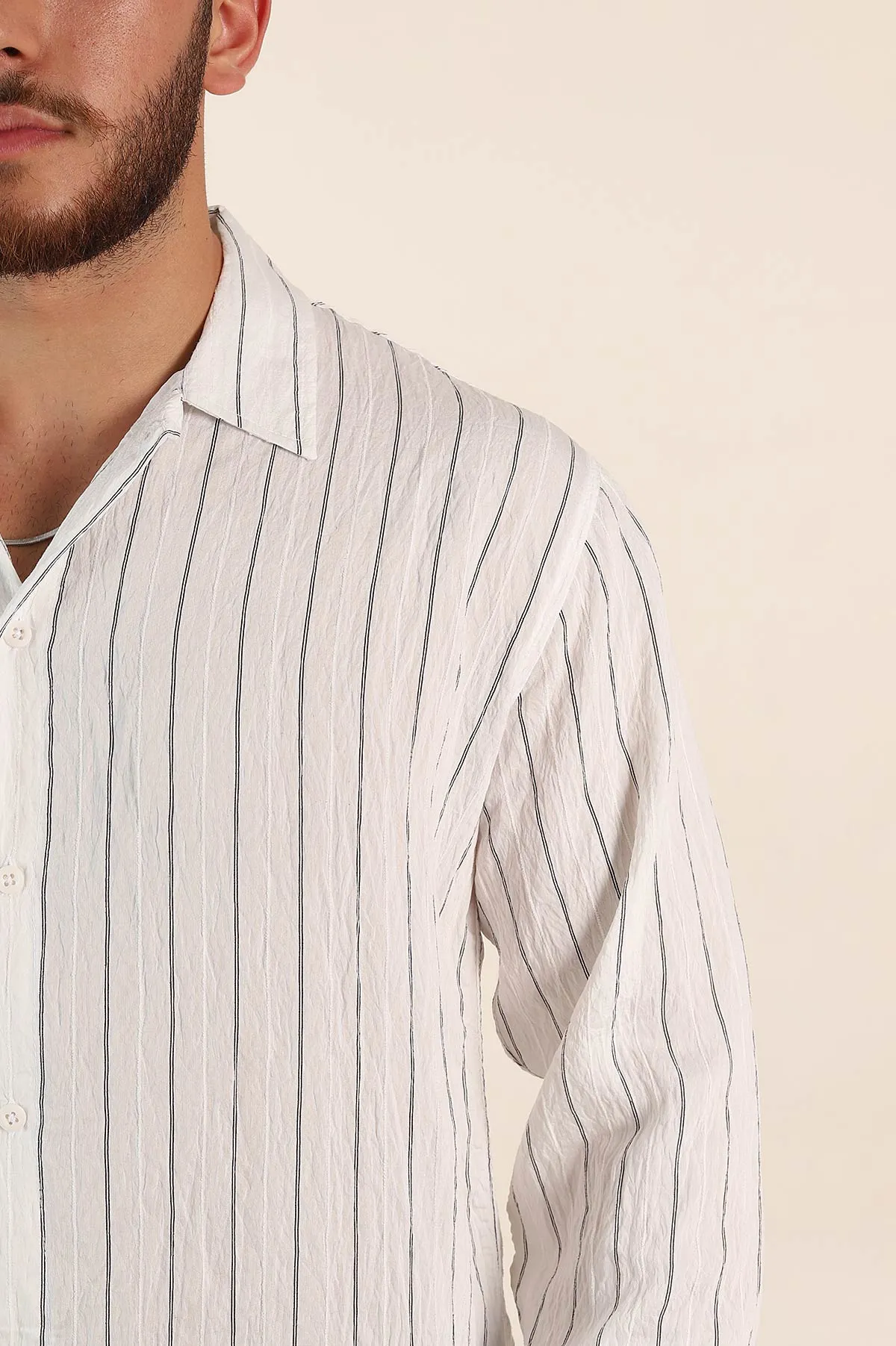 Beyaz Regular Fit Çizgili Uzun Kollu Erkek Gömlek 369568