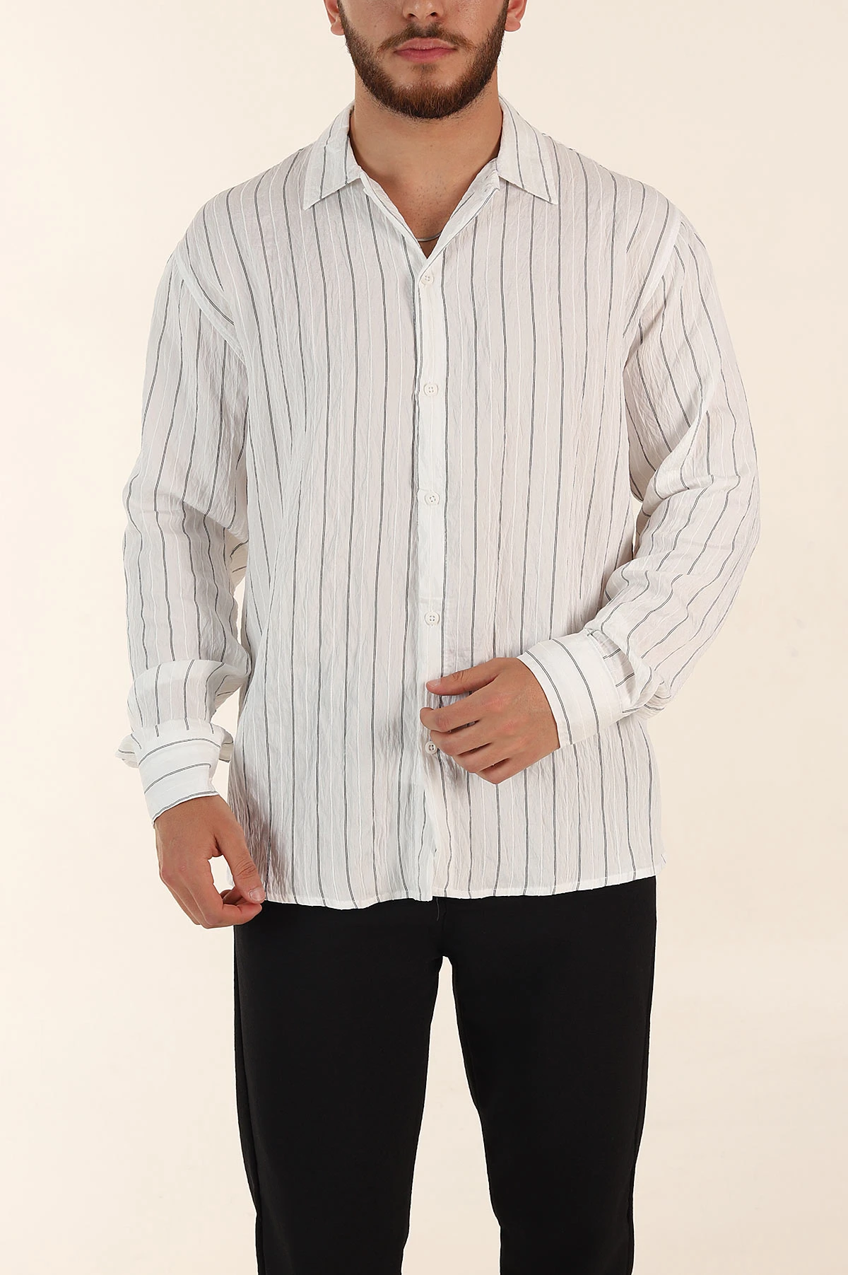 Beyaz Regular Fit Çizgili Uzun Kollu Erkek Gömlek 369568