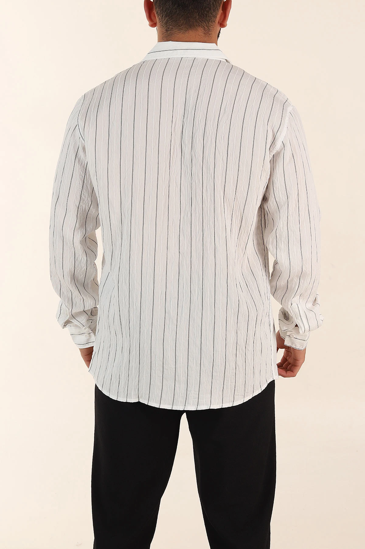 Beyaz Regular Fit Çizgili Uzun Kollu Erkek Gömlek 369568