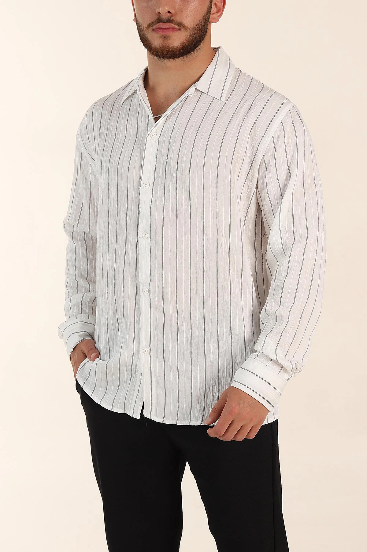 Beyaz Regular Fit Çizgili Uzun Kollu Erkek Gömlek 369568
