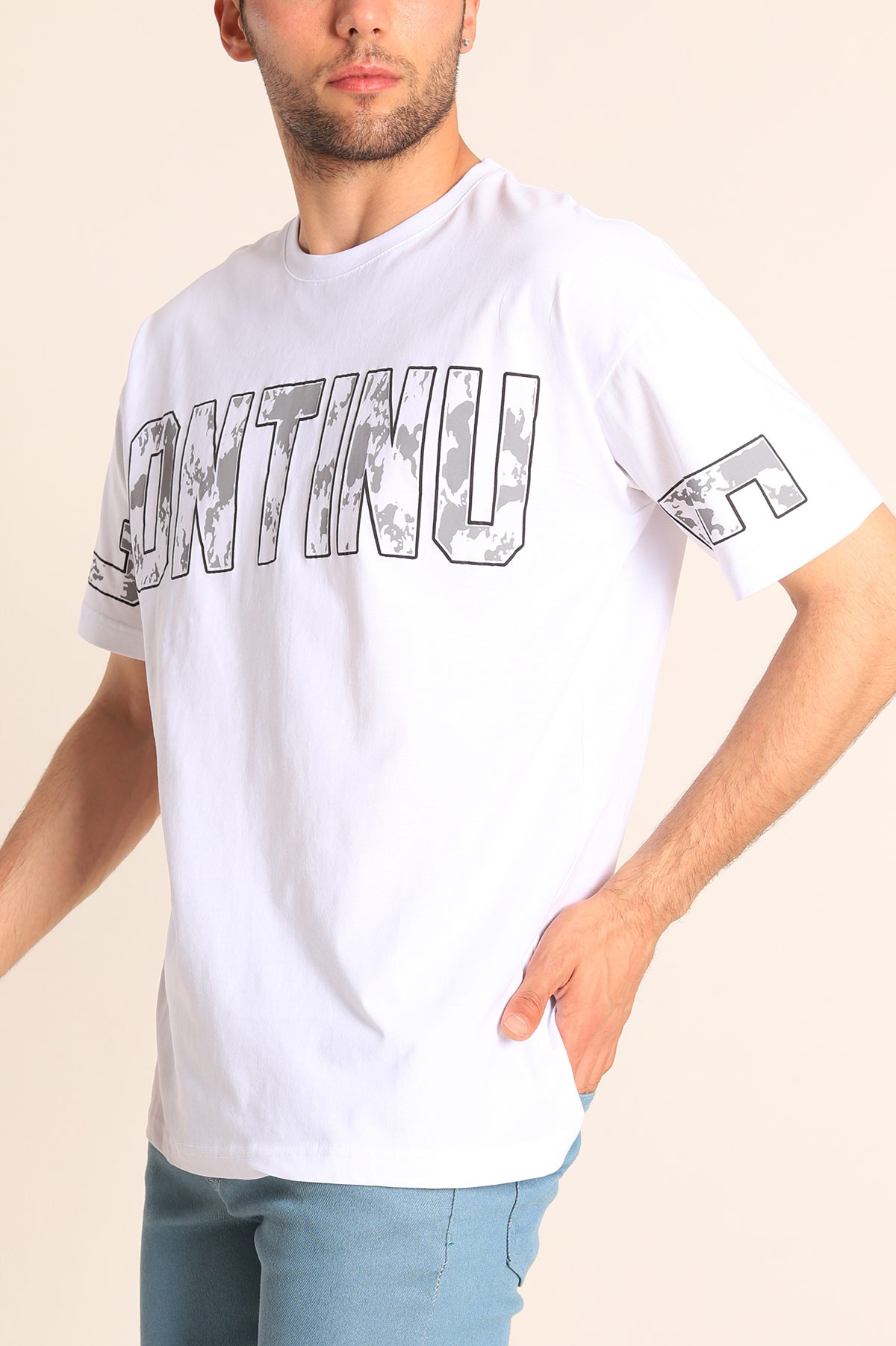 Beyaz Regular Fit Continue Baskılı Erkek Tişört 186612