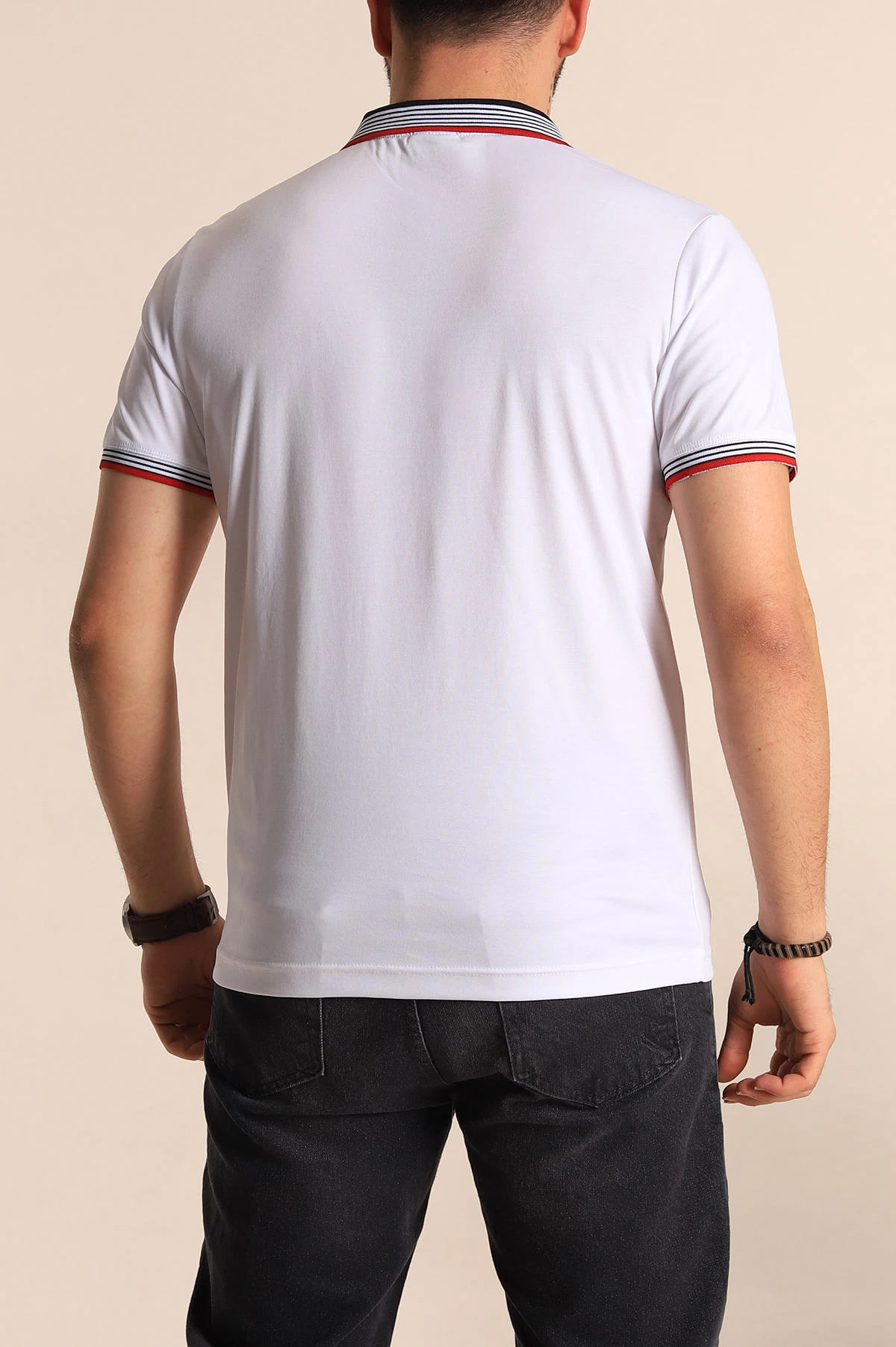 Beyaz Regular Fit Desenli Polo Yakalı Erkek Tişört 263267