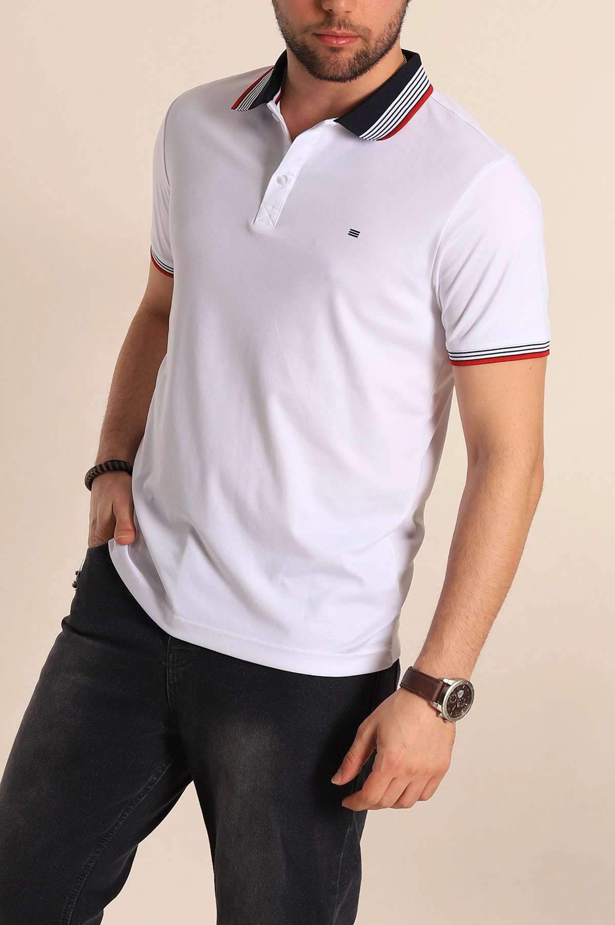 Beyaz Regular Fit Desenli Polo Yakalı Erkek Tişört 263267