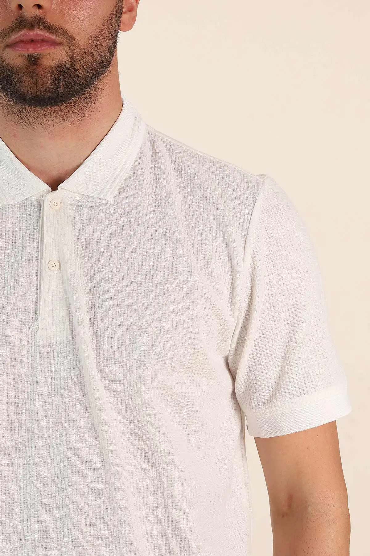 Beyaz Regular Fit Dokulu Düğmeli Polo Yaka Erkek Triko Tişört 370073