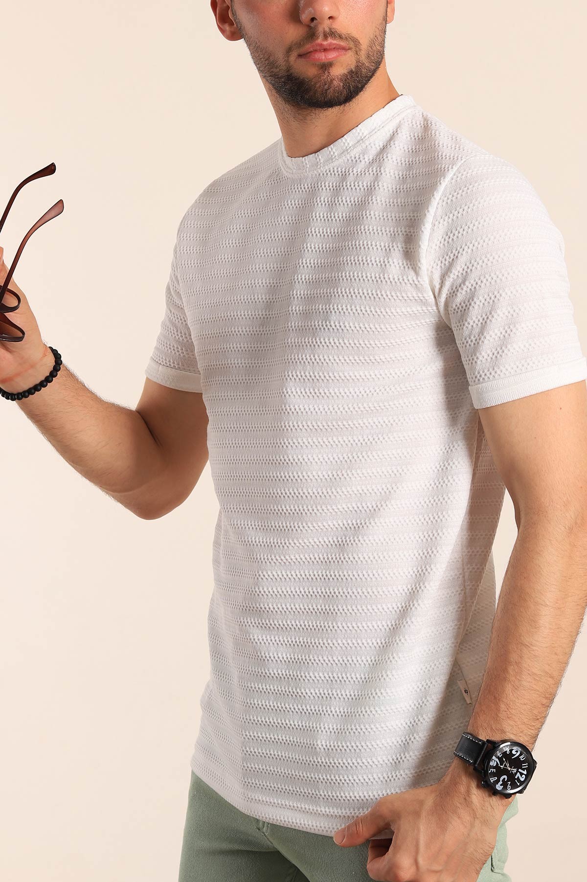 Beyaz Regular Fit Dokulu Erkek Tişört 187556