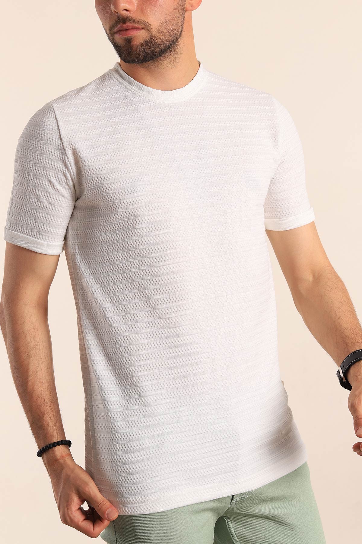 Beyaz Regular Fit Dokulu Erkek Tişört 187556