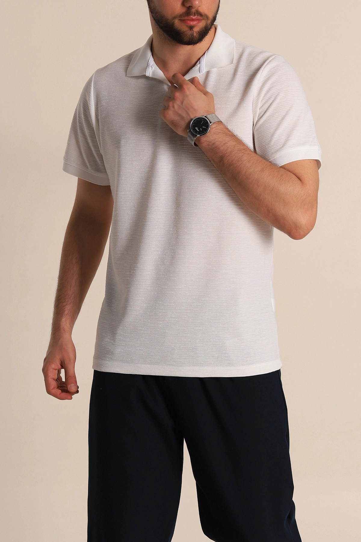 Beyaz Regular Fit Dokulu Polo Yaka Erkek Tişört 277121