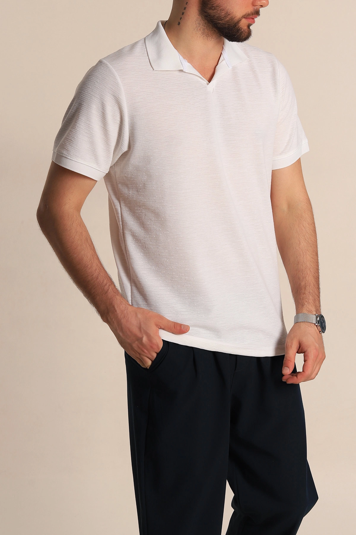 Beyaz Regular Fit Dokulu Polo Yaka Erkek Tişört 277121