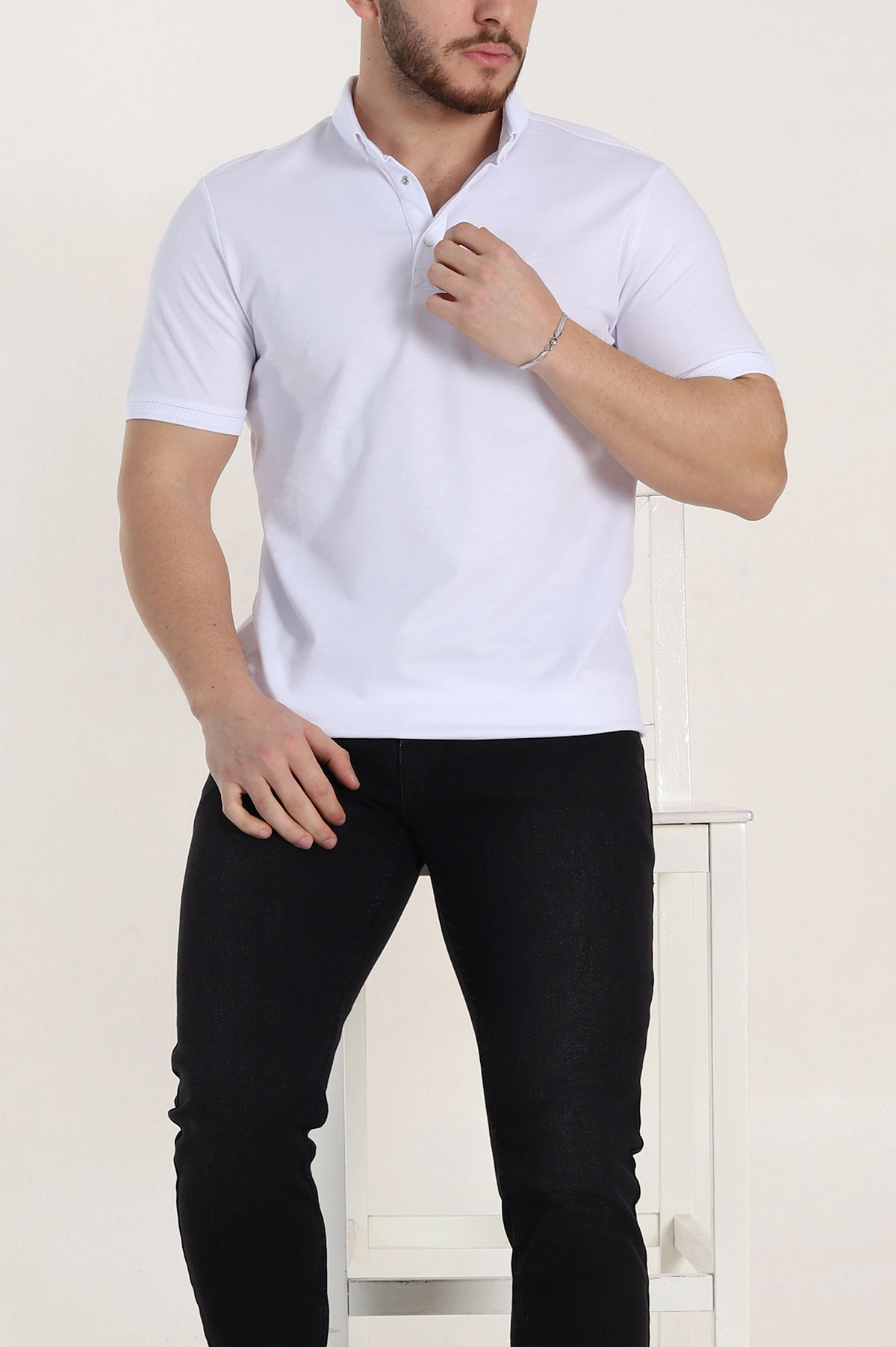Beyaz Regular Fit Dokulu Polo Yaka Erkek Tişört 342499