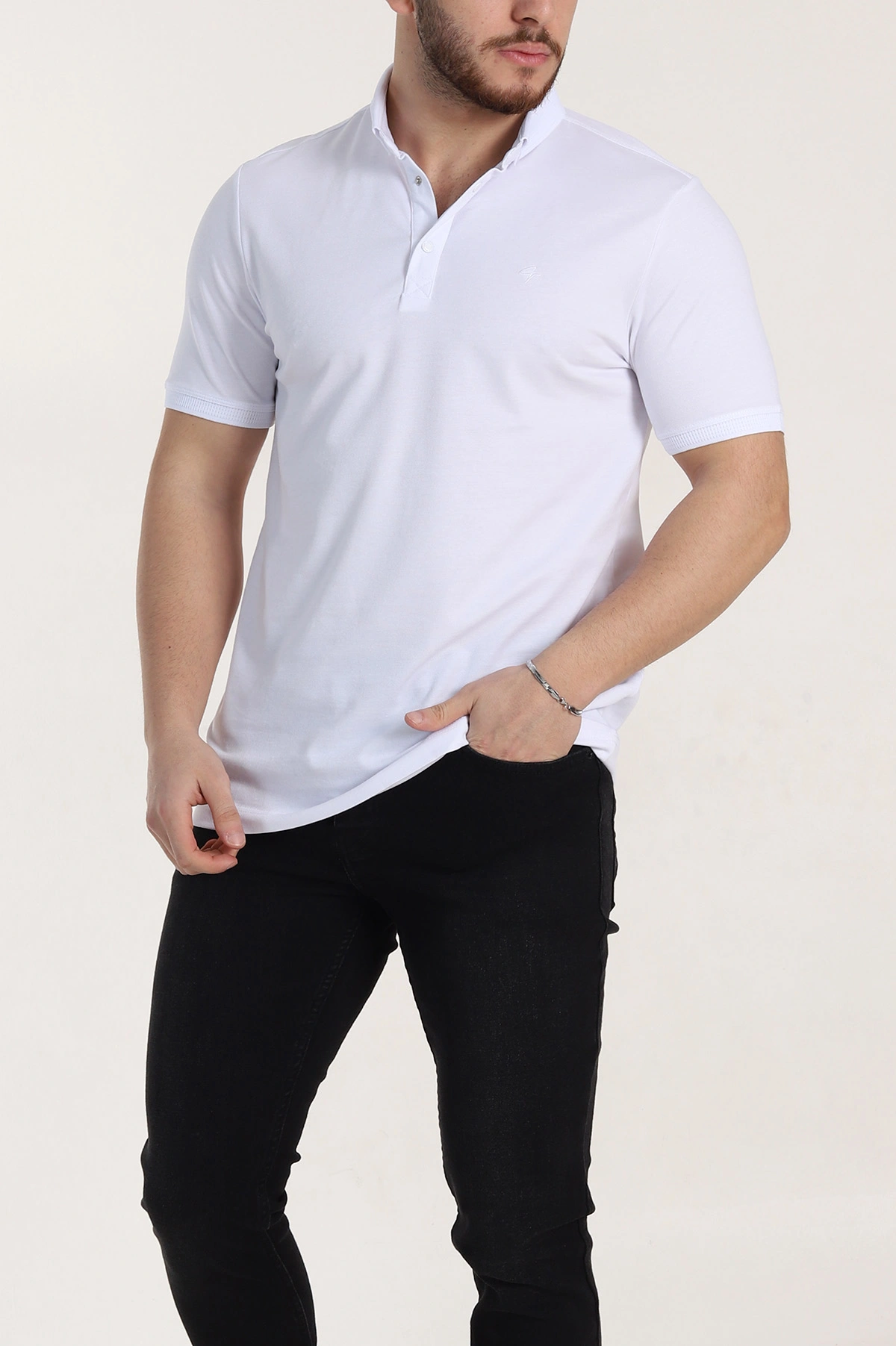 Beyaz Regular Fit Dokulu Polo Yaka Erkek Tişört 342499