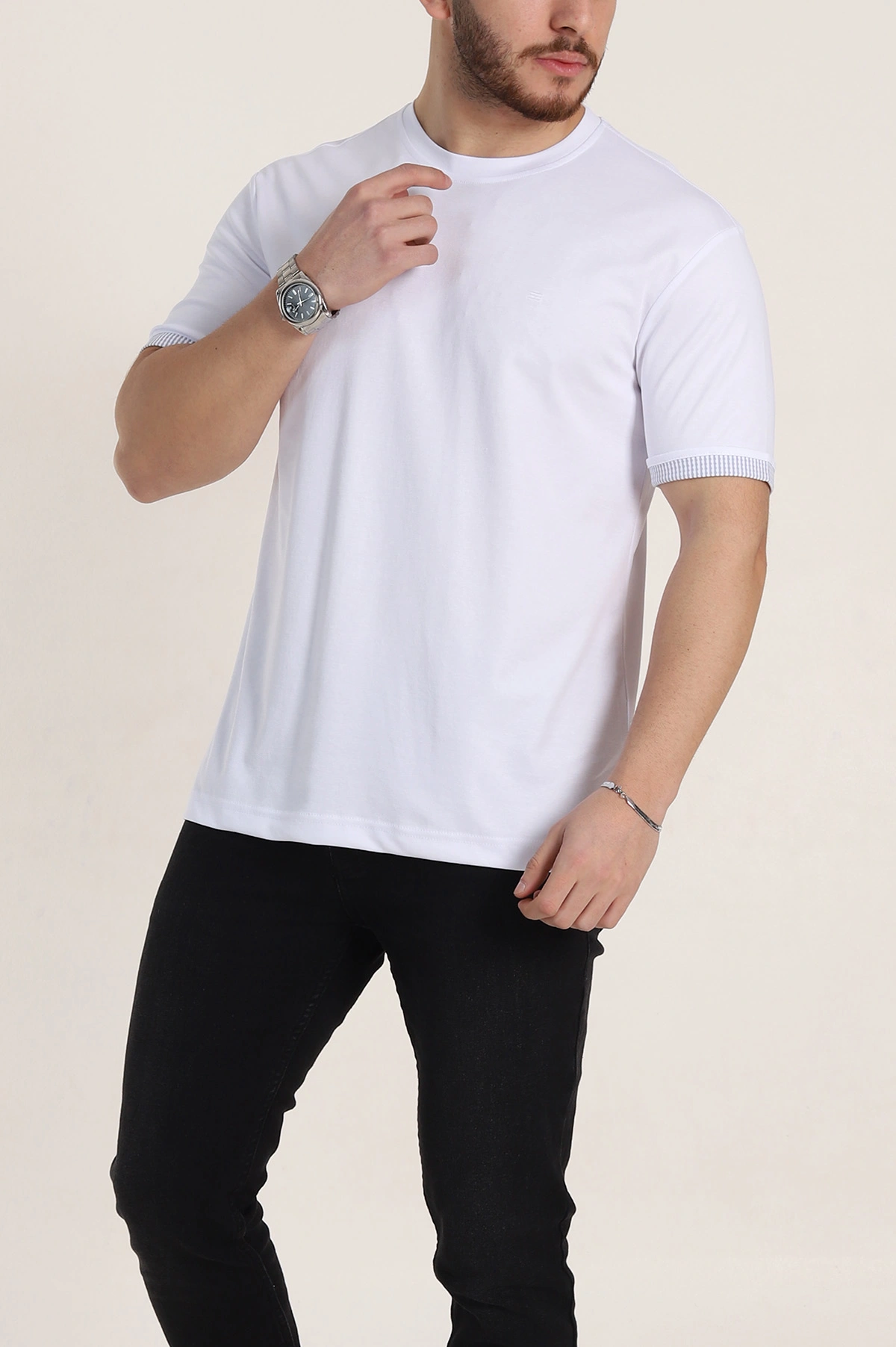Beyaz Regular Fit Duble Kol Detaylı Basic Erkek Tişört 346185