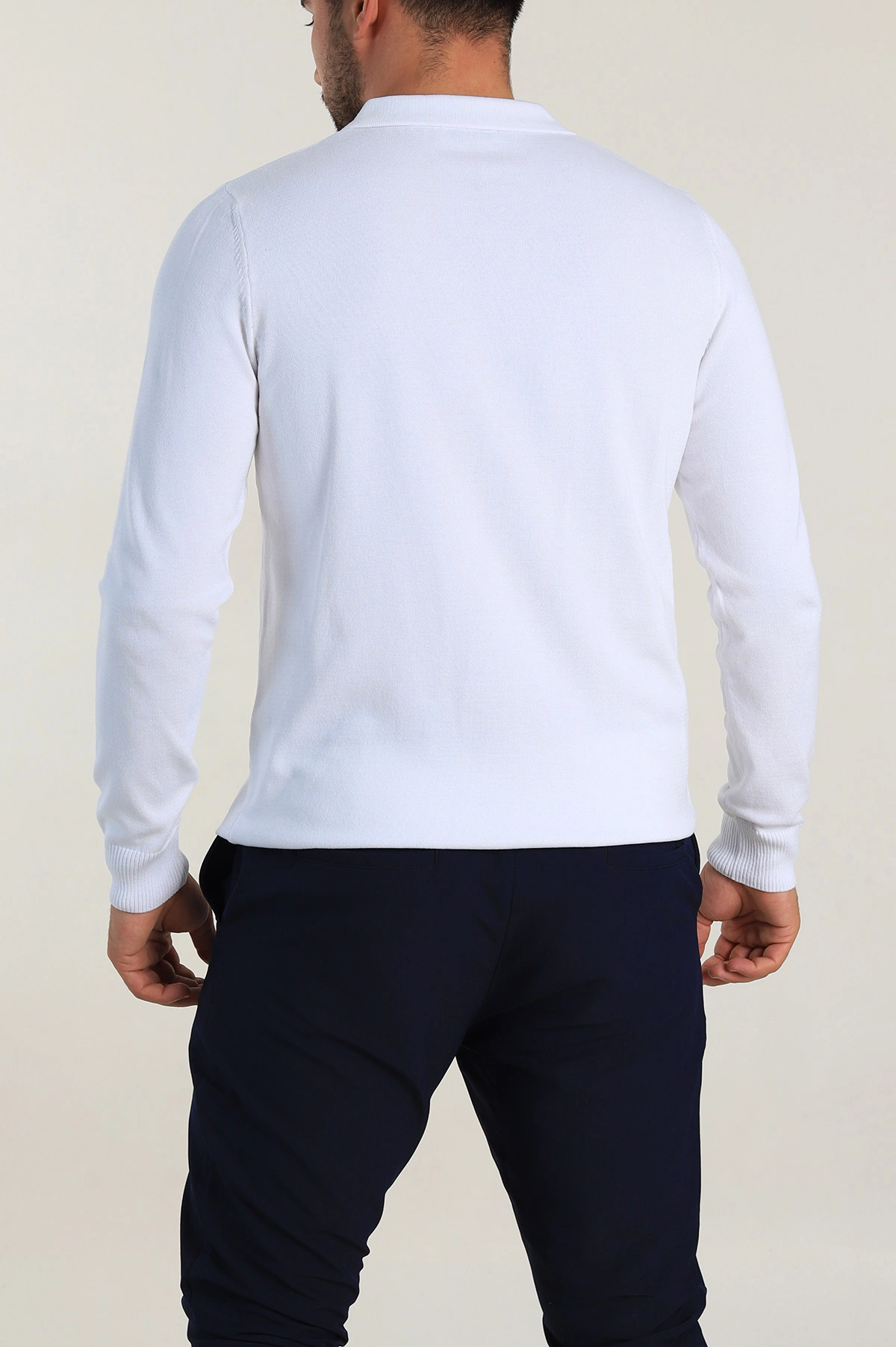 Beyaz Regular Fit Fermuarlı Polo Yaka Erkek İnce Triko 309189