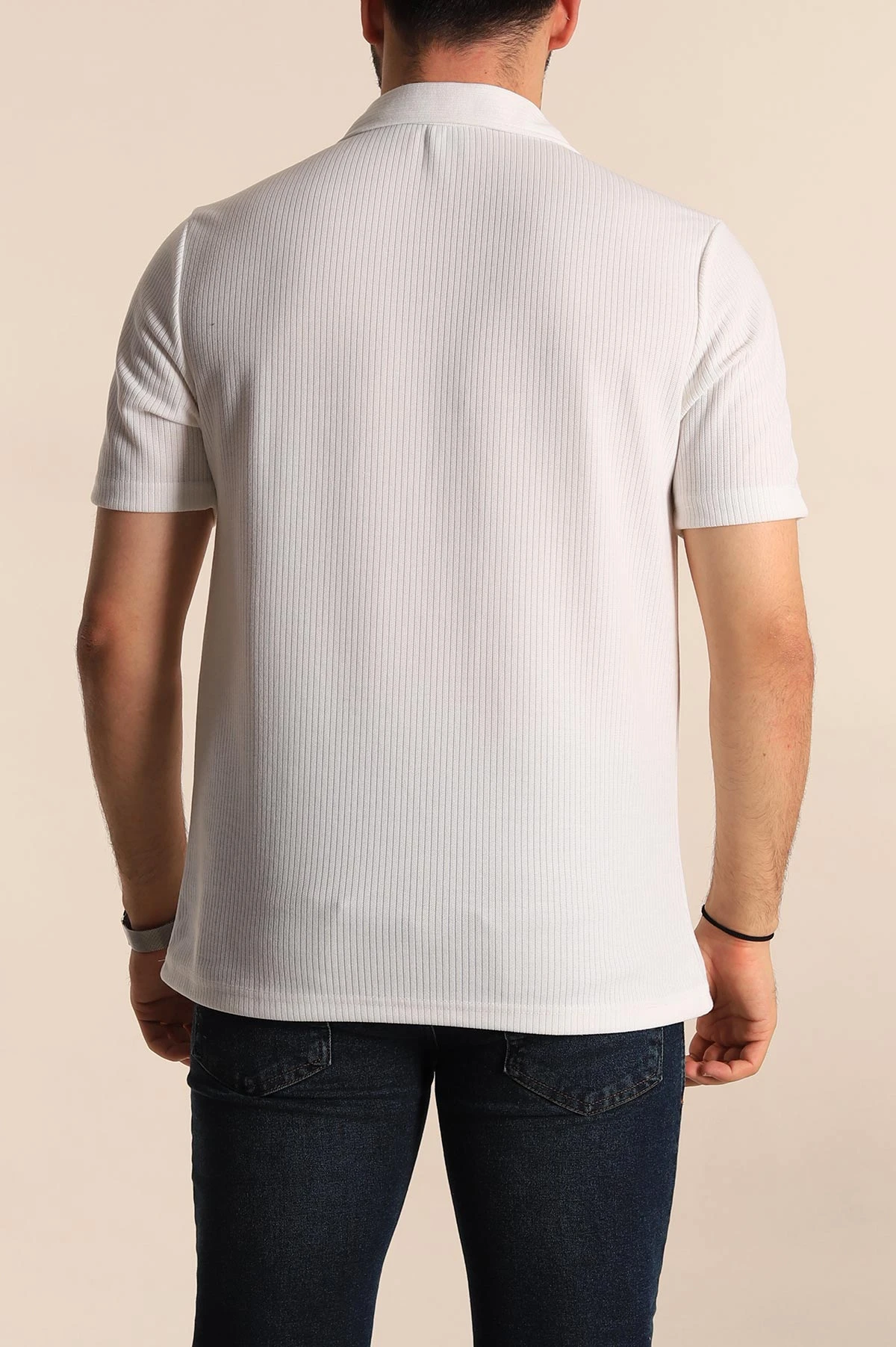Beyaz Regular Fit Fitilli Doku Fermuarlı Yaka Erkek Tişört 268892