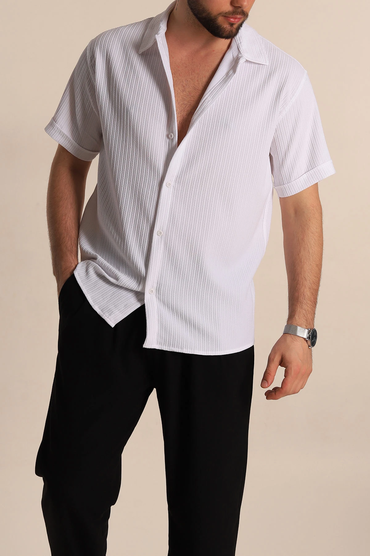 Beyaz Regular Fit Fitilli Doku Kısa Kollu Erkek Gömlek 275496