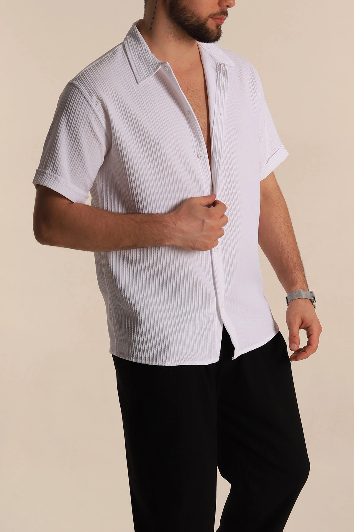 Beyaz Regular Fit Fitilli Doku Kısa Kollu Erkek Gömlek 275496