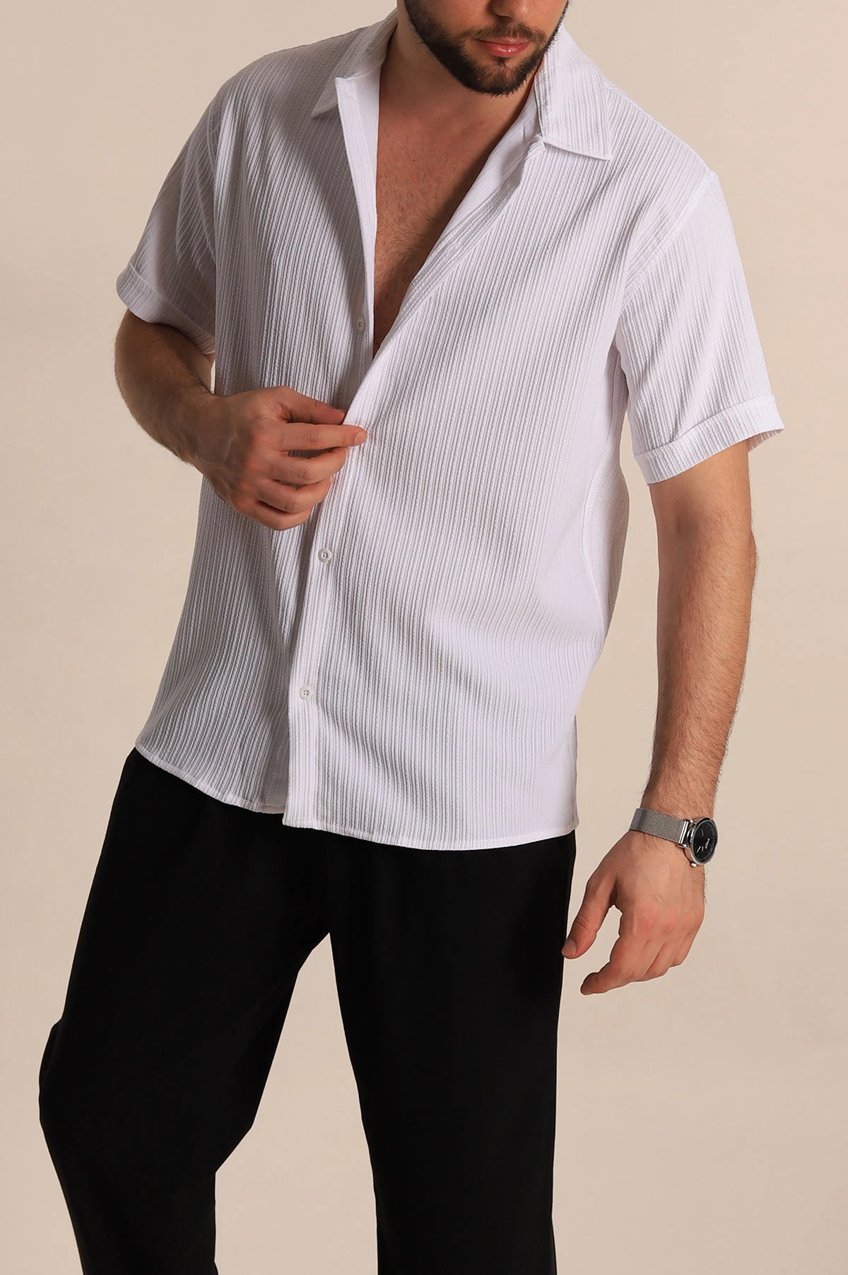 Beyaz Regular Fit Fitilli Doku Kısa Kollu Erkek Gömlek 275496