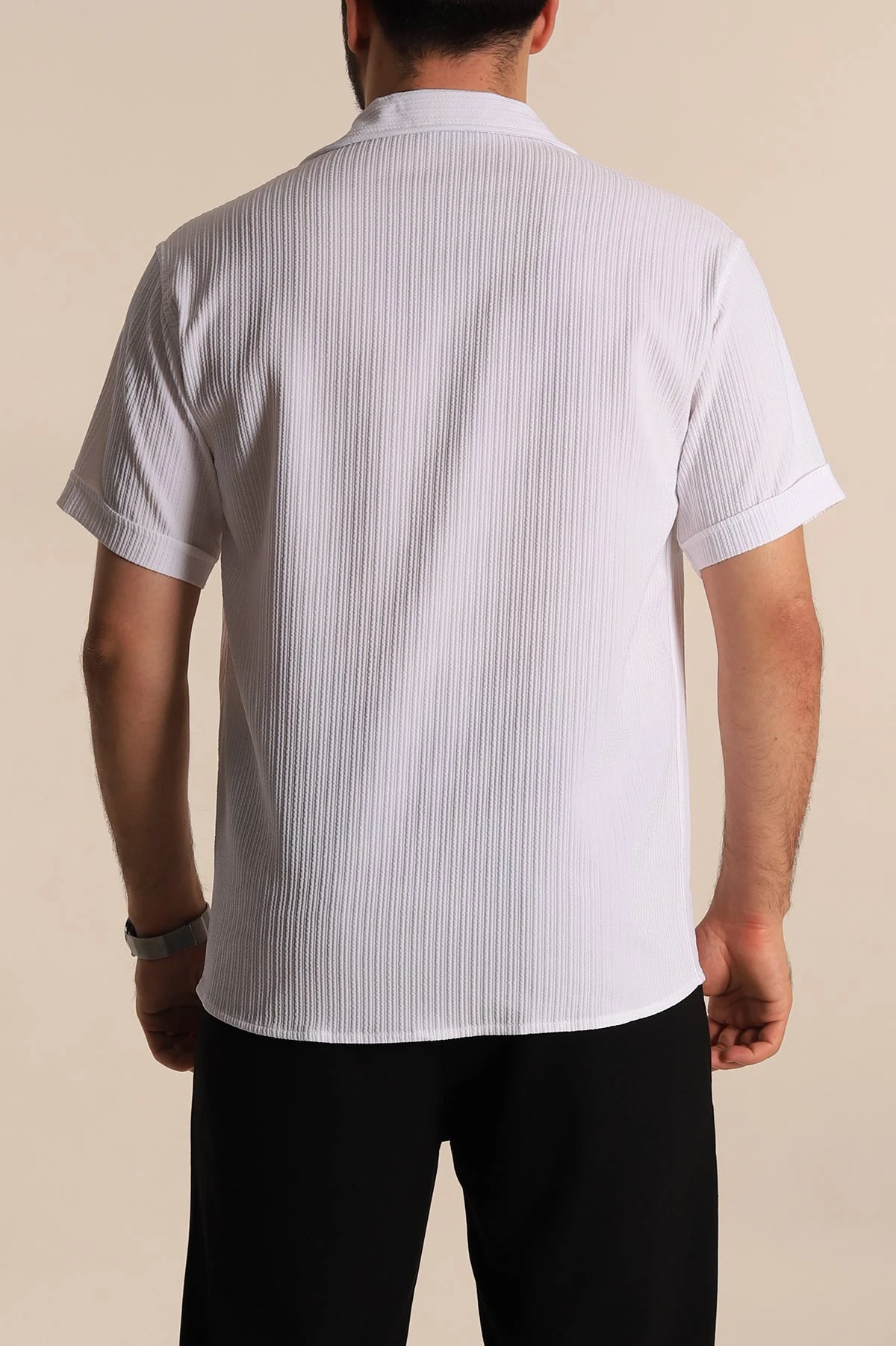 Beyaz Regular Fit Fitilli Doku Kısa Kollu Erkek Gömlek 275496