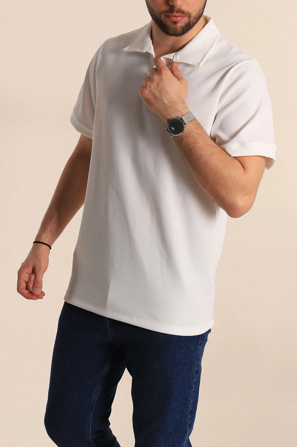Beyaz Regular Fit Fitilli Doku Patlı Polo Yaka Erkek Tişört 270581