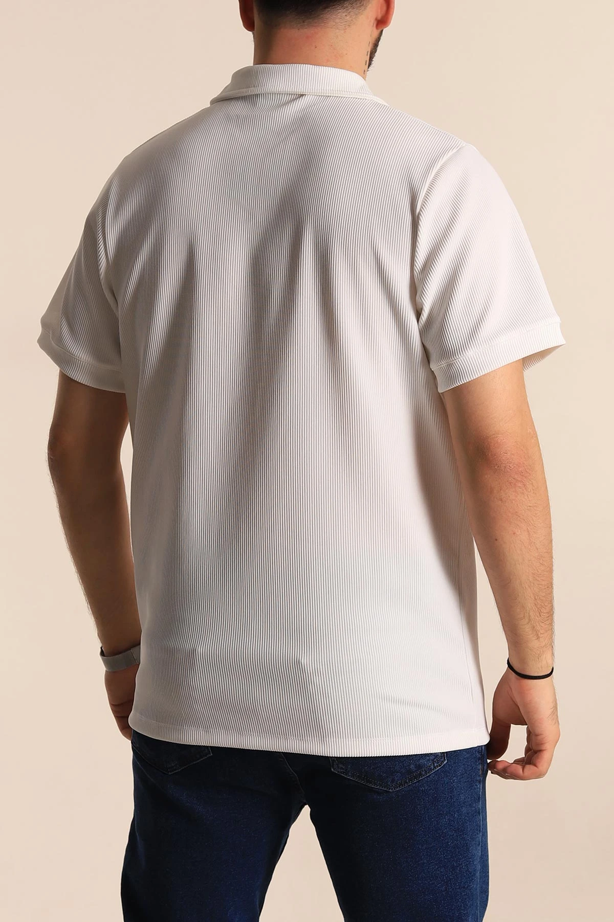 Beyaz Regular Fit Fitilli Doku Patlı Polo Yaka Erkek Tişört 270581