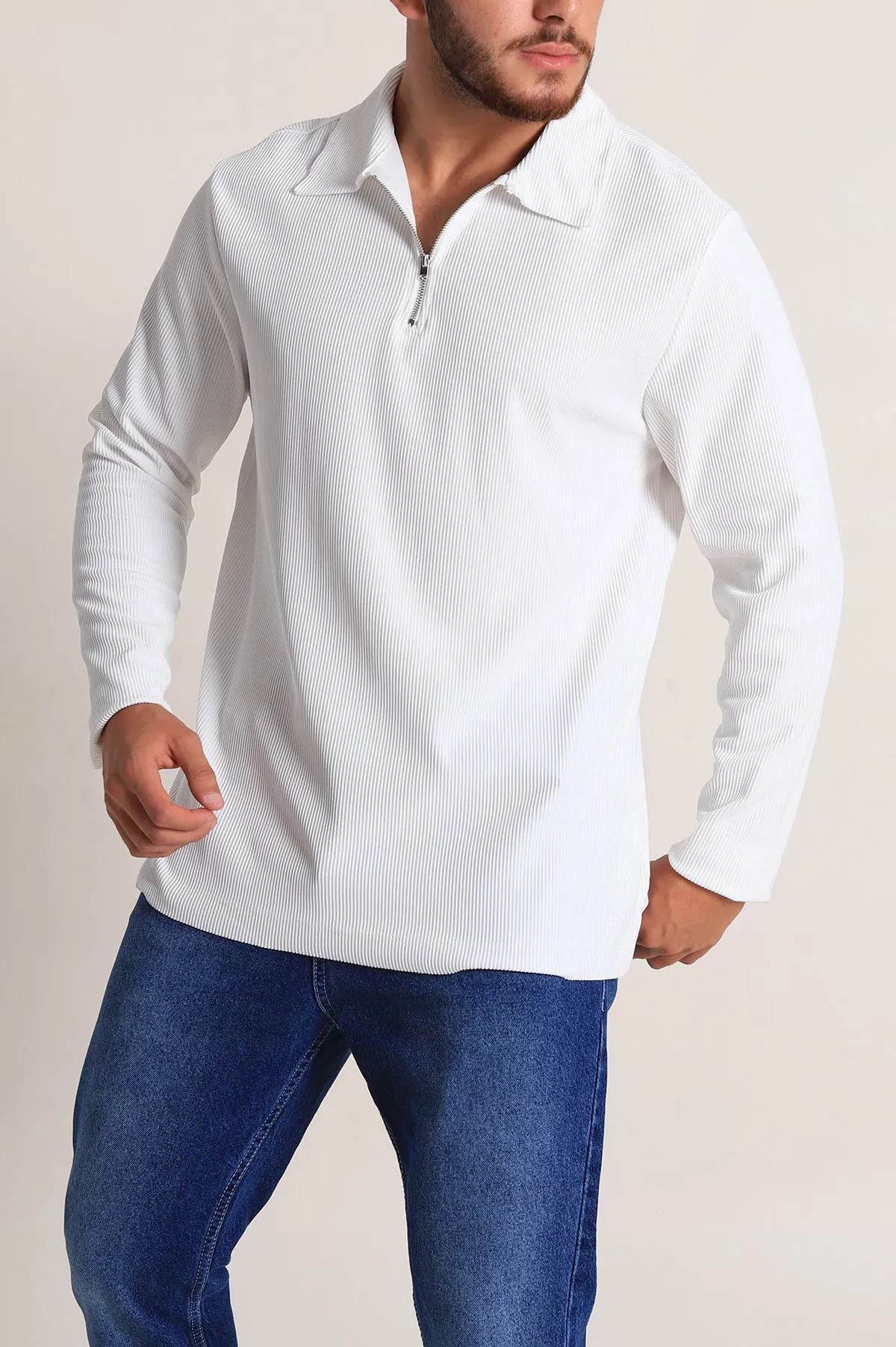 Beyaz Regular Fit Fitilli Doku Polo Yaka Sweatshirt 299829