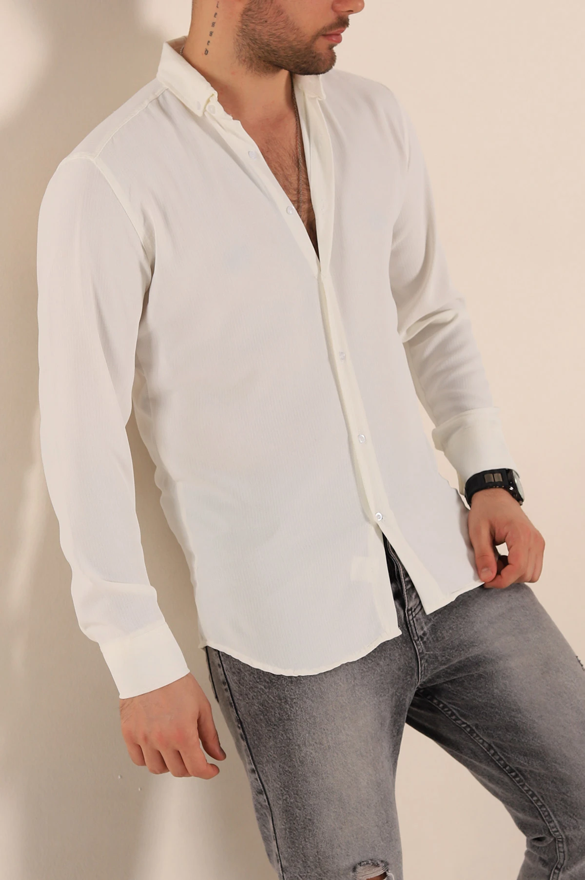 Beyaz Regular Fit Fitilli Dokulu Erkek Gömlek 267018