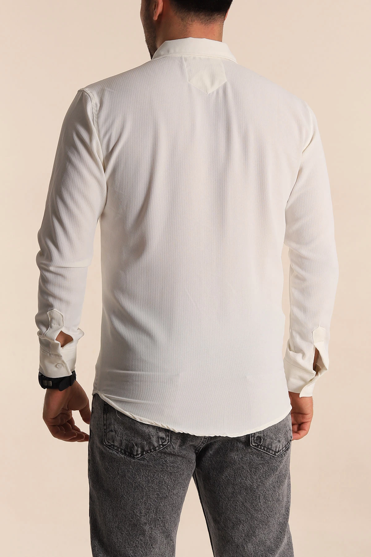 Beyaz Regular Fit Fitilli Dokulu Erkek Gömlek 267018