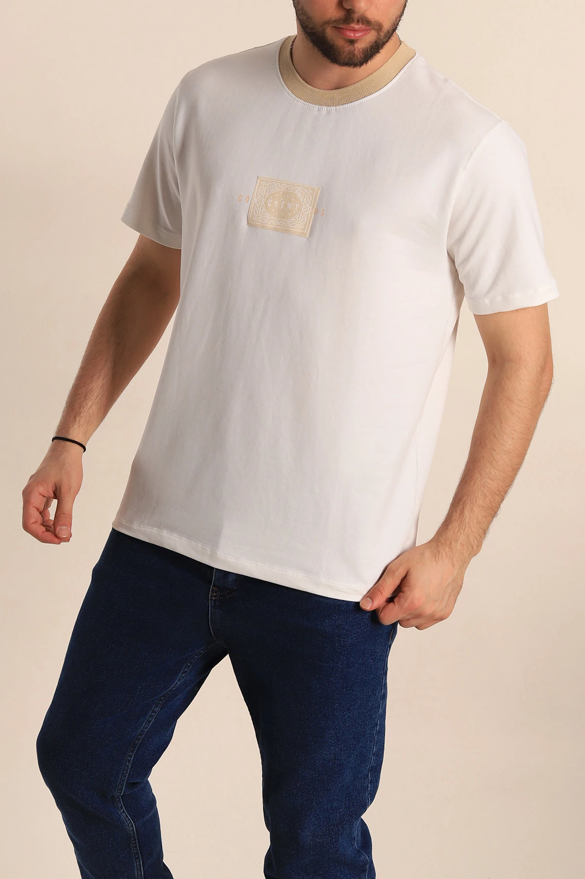 Beyaz Regular Fit Göğüs Baskılı Erkek Tişört 270636