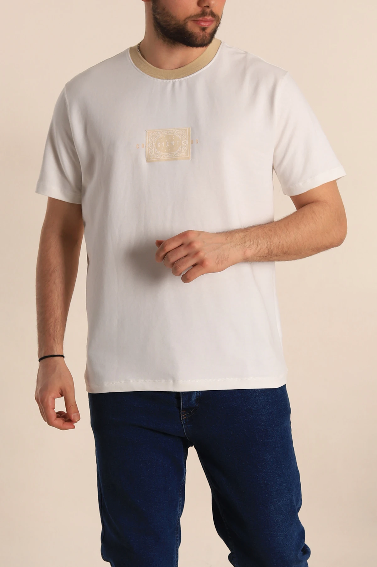 Beyaz Regular Fit Göğüs Baskılı Erkek Tişört 270636