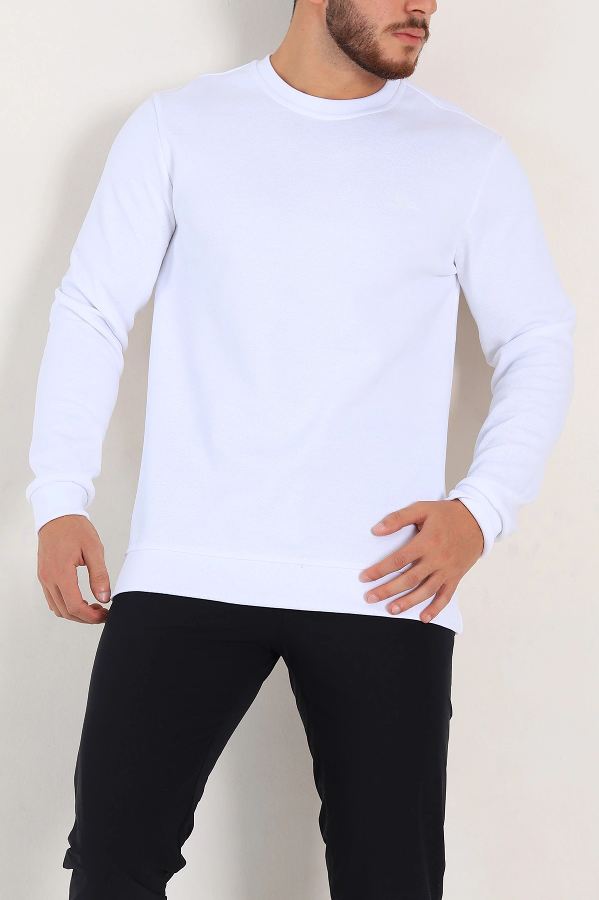 Beyaz Regular Fit İnterlok Kumaş Pike Doku Basic Erkek Sweatshirt 305434