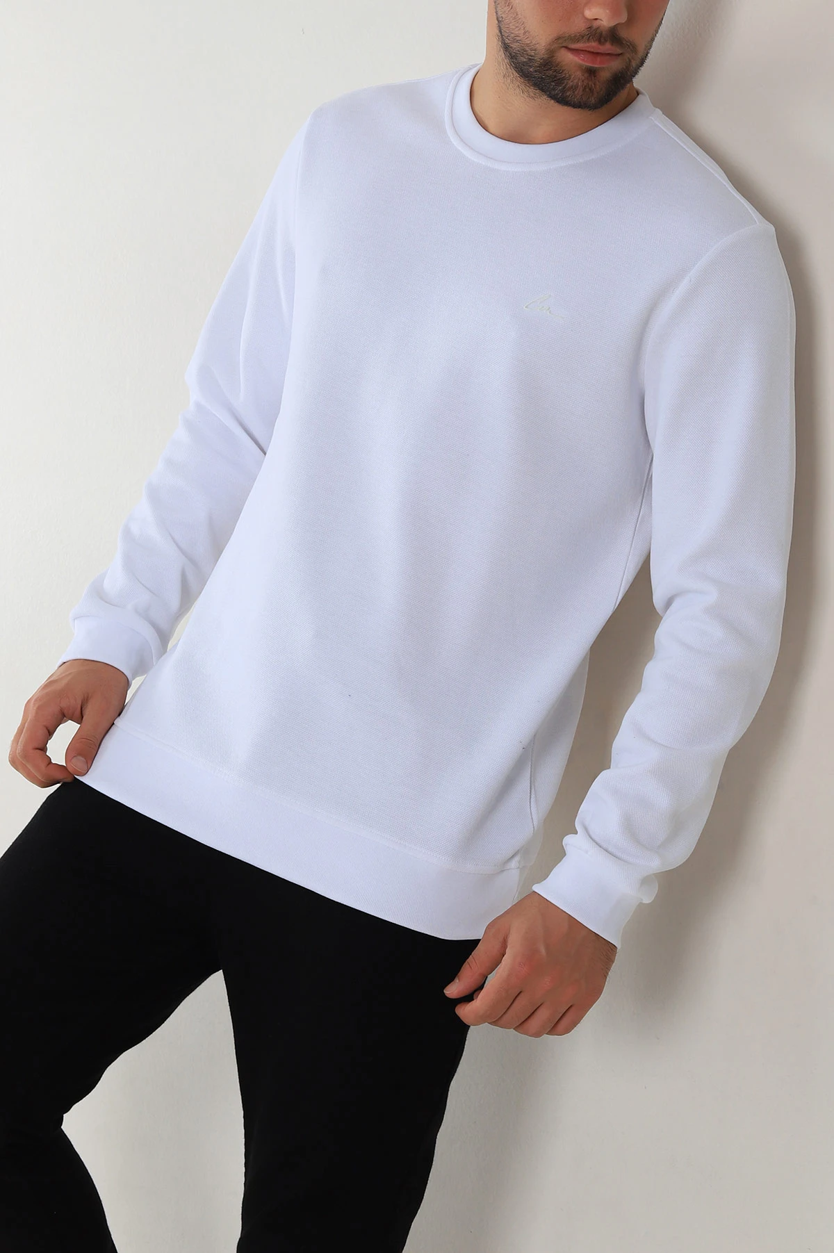 Beyaz Regular Fit İnterlok Kumaş Pike Doku Basic Erkek Sweatshirt 305434