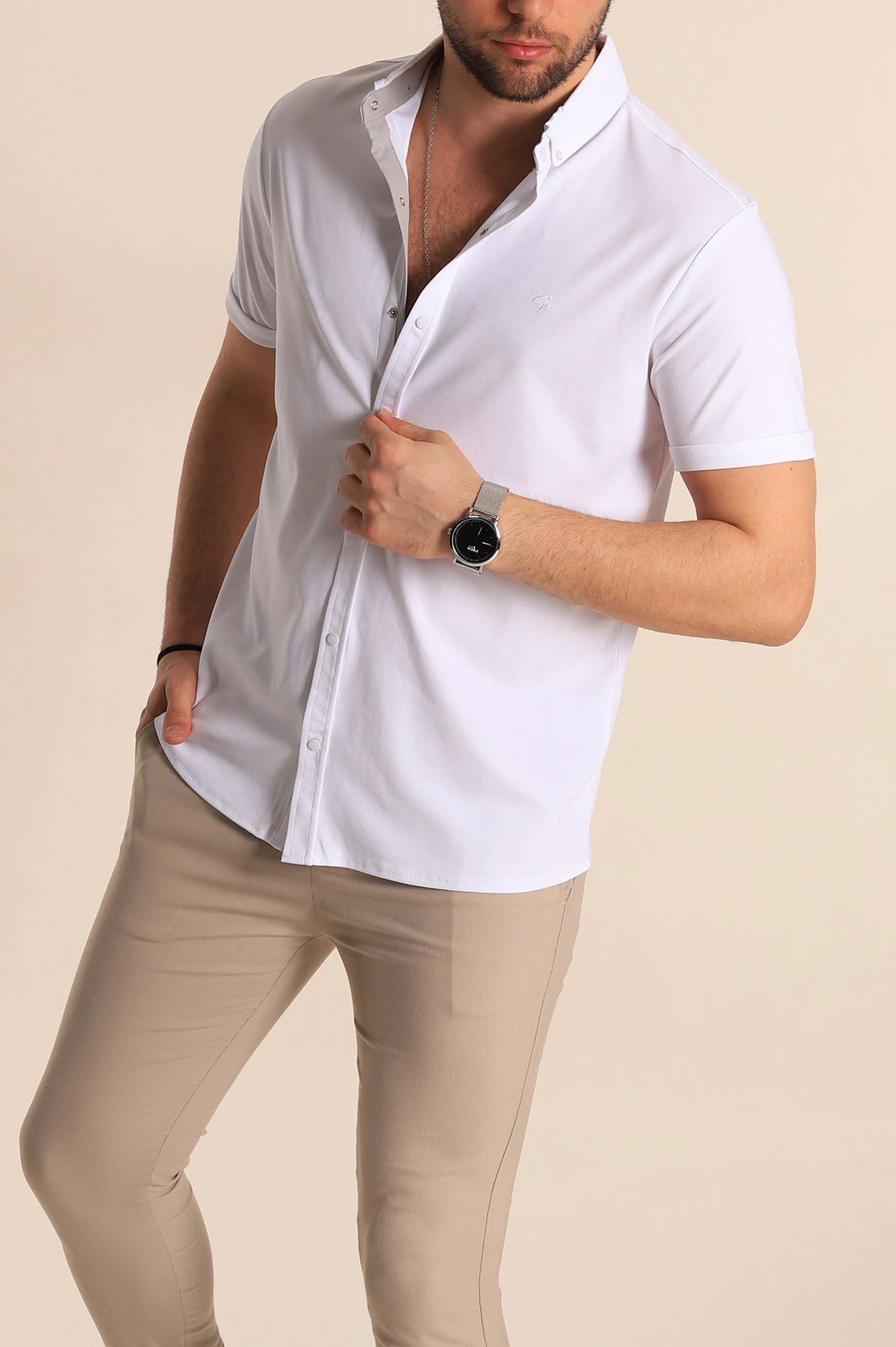 Beyaz Regular Fit Jakarlı Çıt Çıt Düğmeli Kısa Kollu Erkek Gömlek 263730
