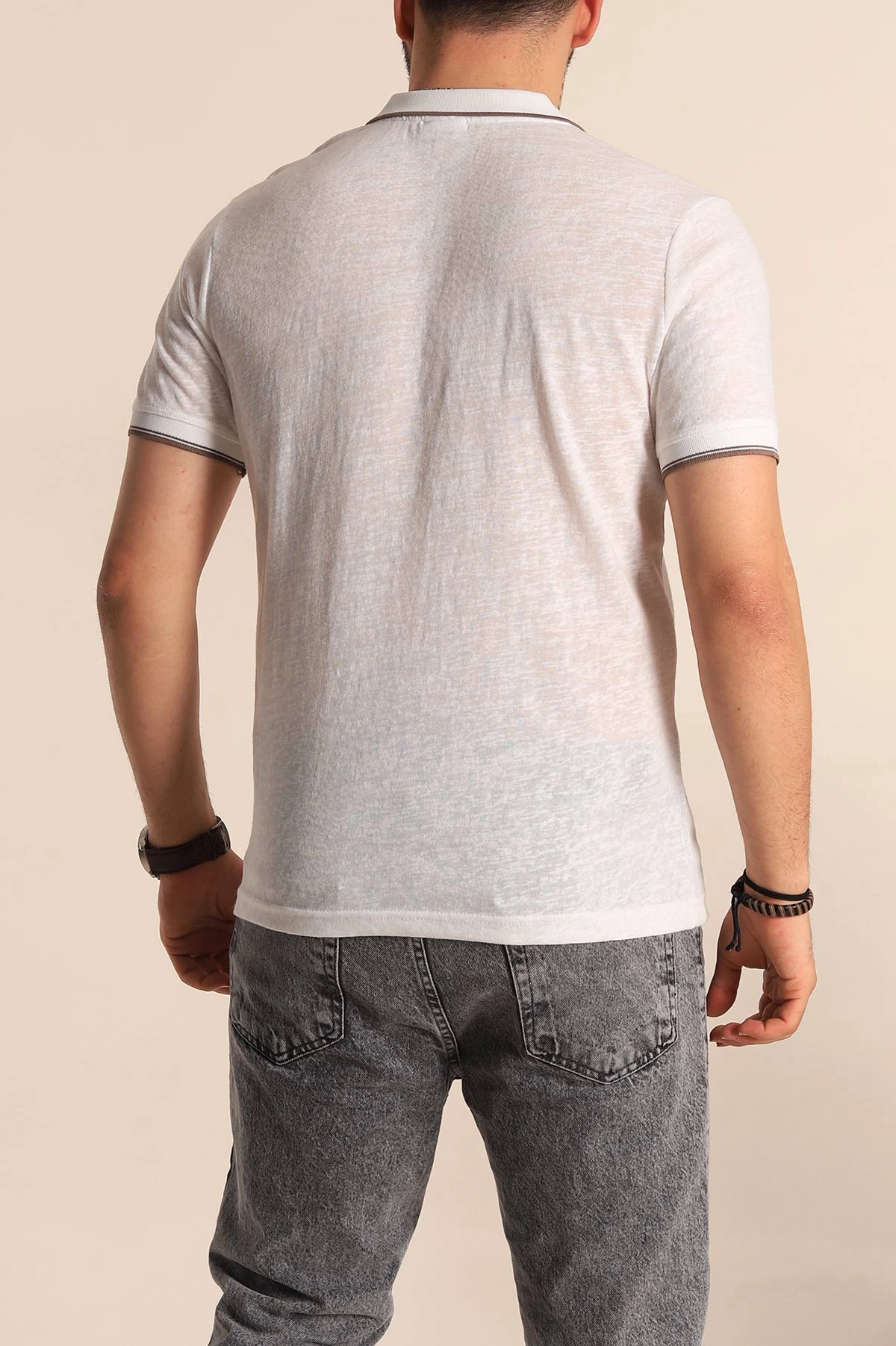 Beyaz Regular Fit Jakarlı Polo Yaka Triko Tişört 263238