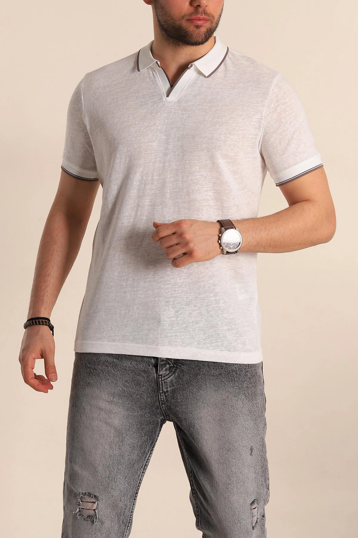 Beyaz Regular Fit Jakarlı Polo Yaka Triko Tişört 263238