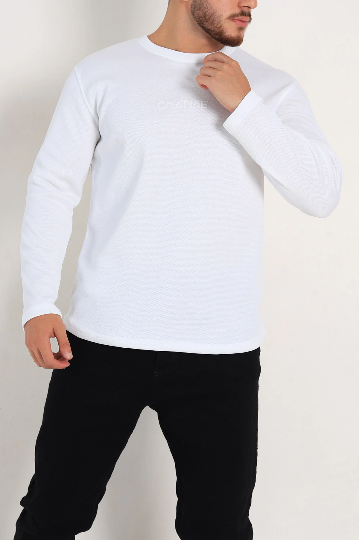 Beyaz Regular Fit Kabartma Baskılı Erkek Sweatshirt 303422