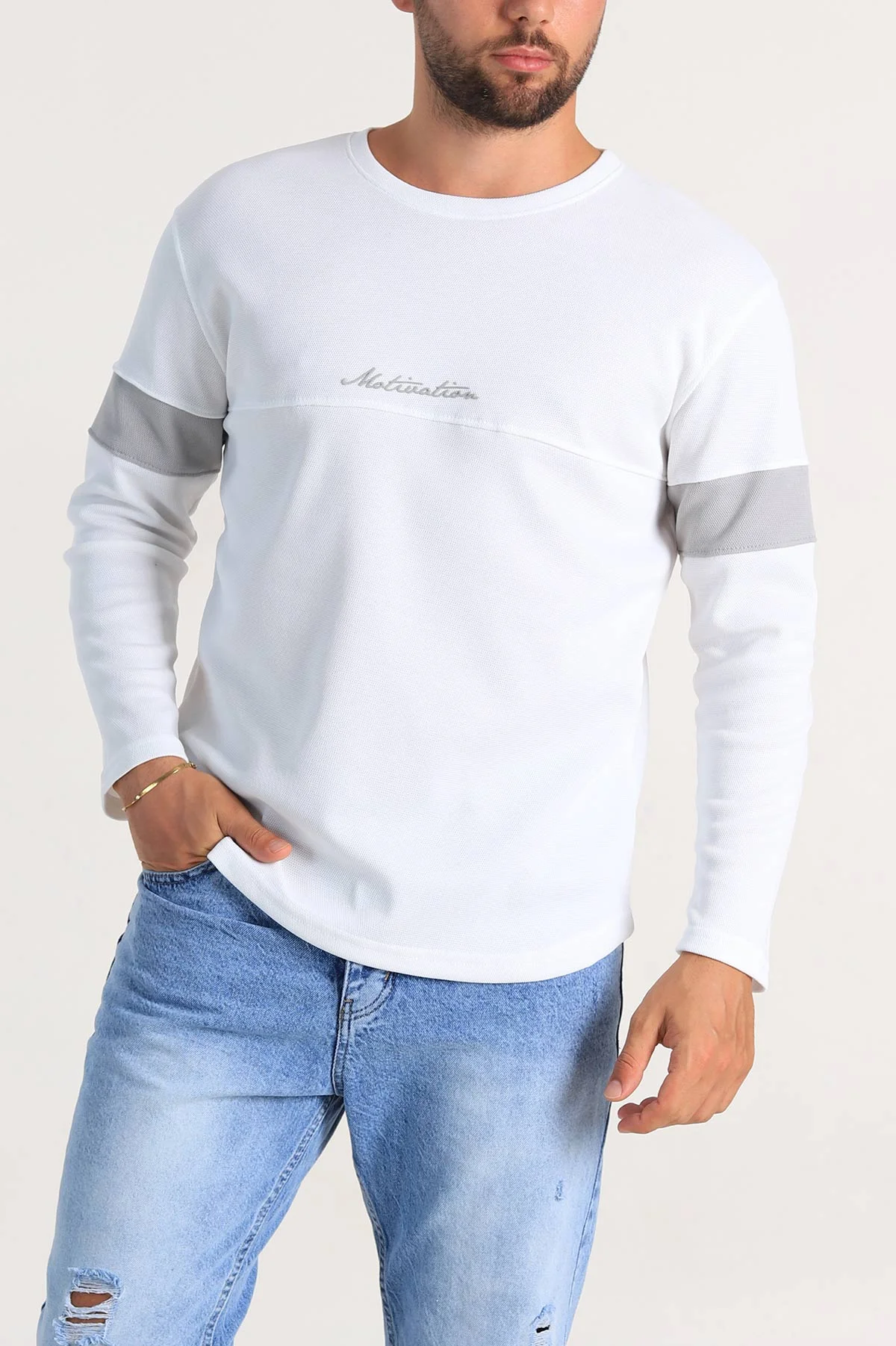 Beyaz Regular Fit Kabartma Baskılı Erkek Sweatshirt 303427