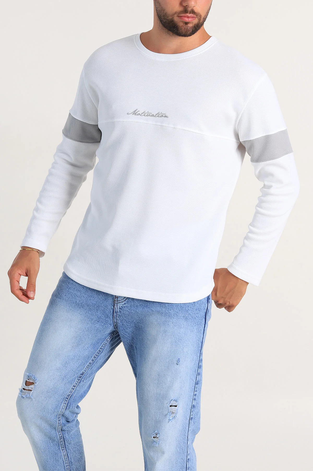Beyaz Regular Fit Kabartma Baskılı Erkek Sweatshirt 303427