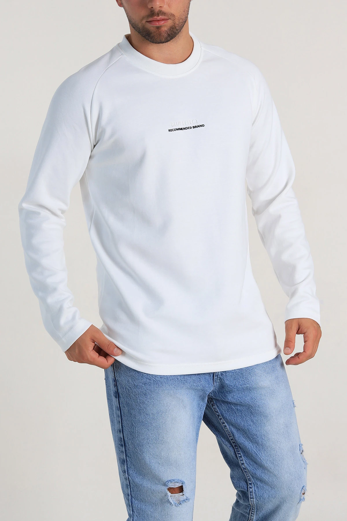 Beyaz Regular Fit Kabartma Baskılı Erkek Sweatshirt 305851