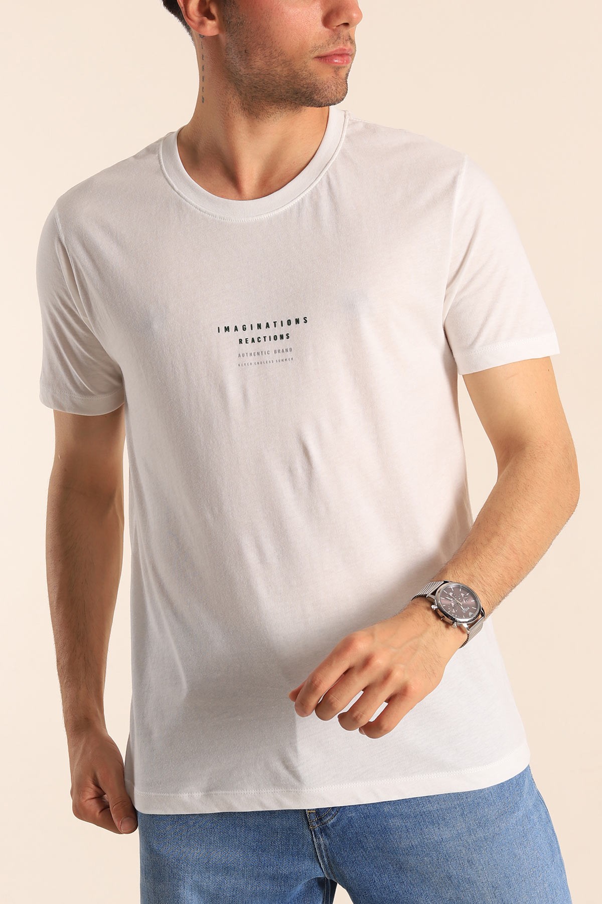 Beyaz Regular Fit Kabartma Yazı Detay Erkek Tişört 182233